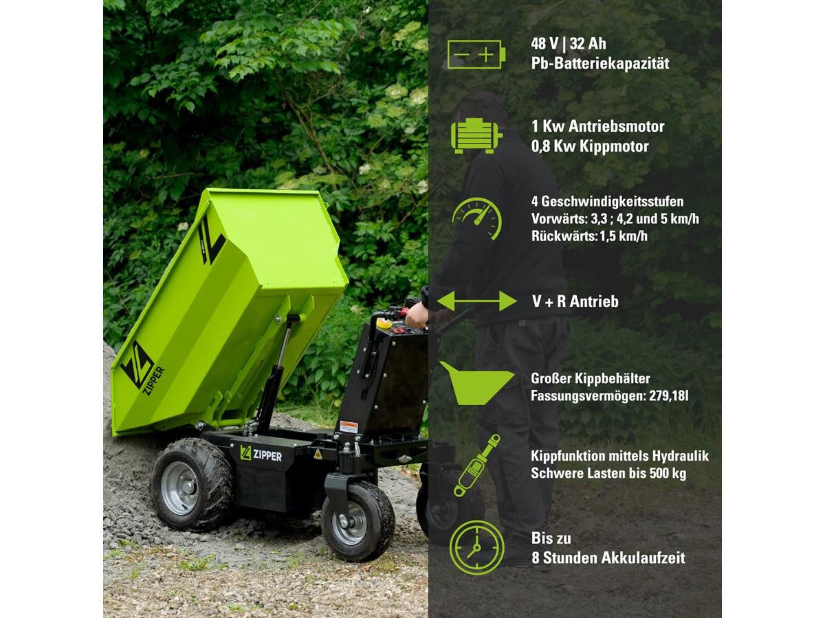 ZIPPER Dumper ZI-ED500, Set, inkl. Batterie und Ladegerät, 500 kg Traglast, 2 x LED-Licht