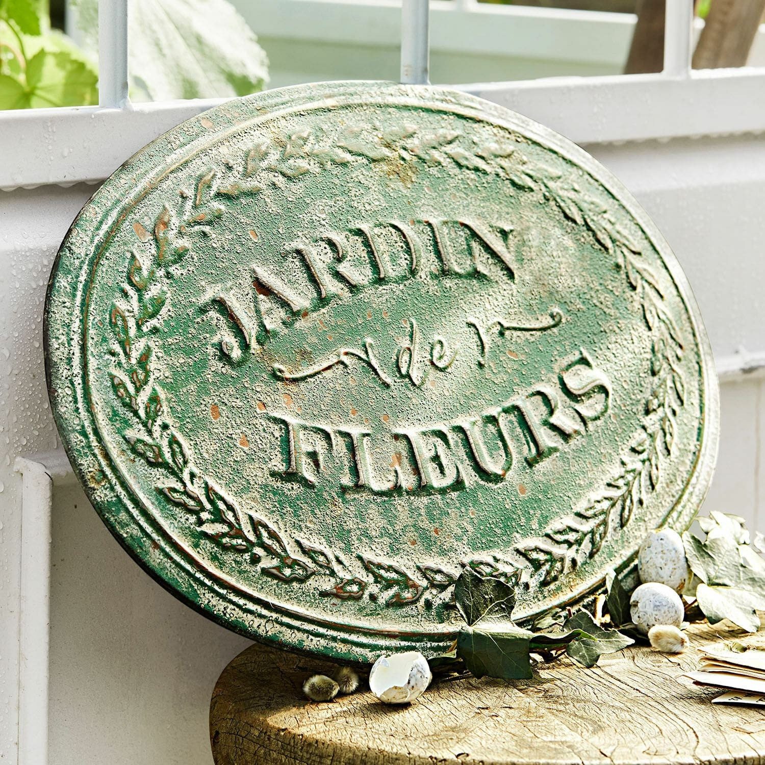 Mirabeau Wanddekoobjekt Deko-Schild Jardin de Fleurs antikgrün