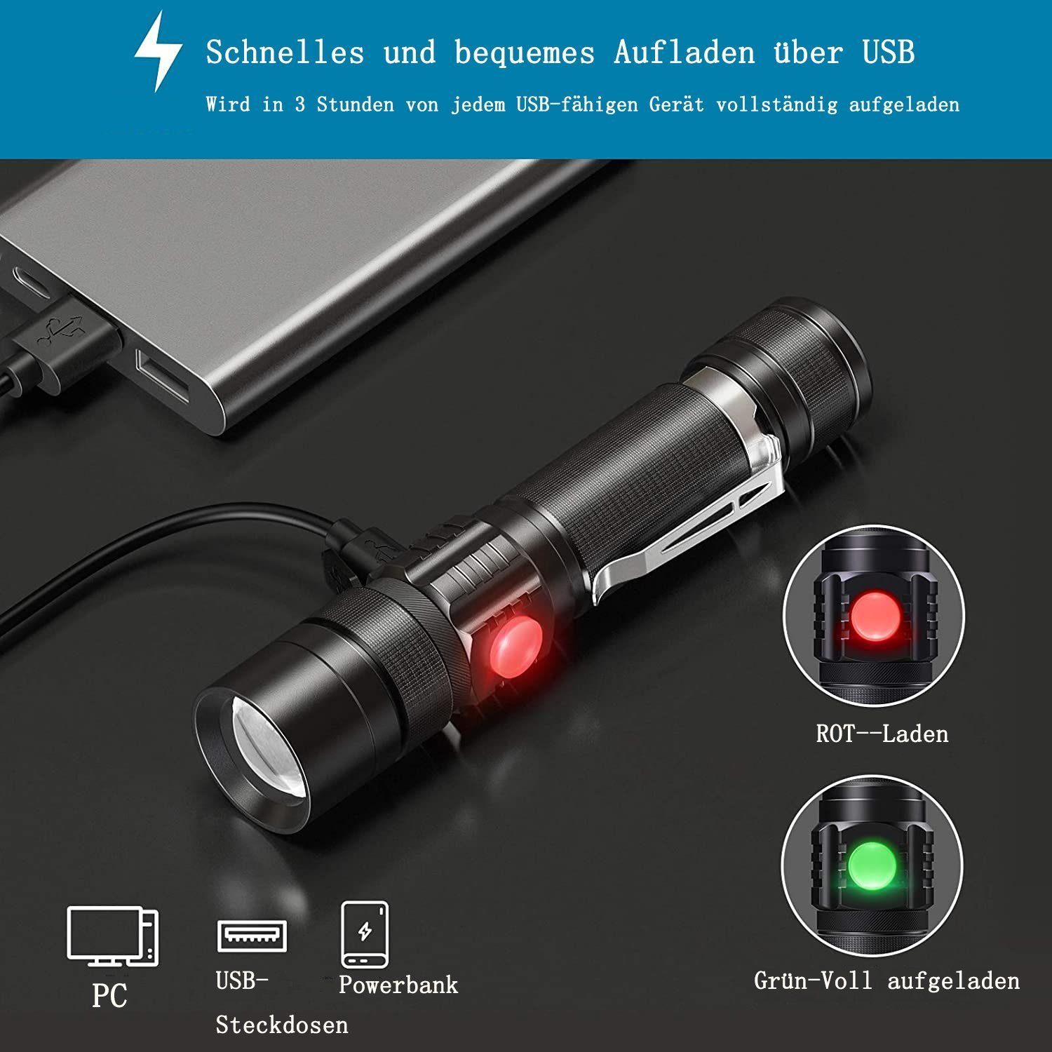 2 LED LED Aluminium USB Taschenlampe Taschenlampe Aufladbar, Oneid Taschenlampe Stück
