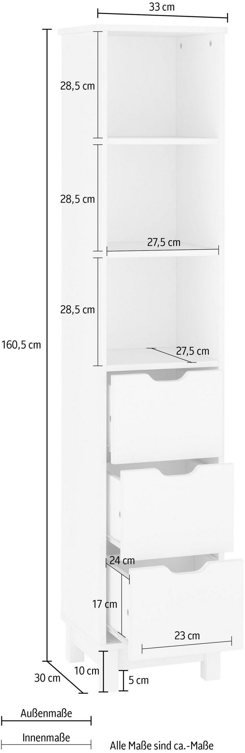 loft24 Badezimmer Schrank, Hochschrank 3 cm Schubladen, Pinea Höhe 160,5