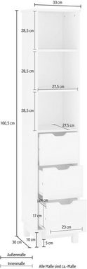 loft24 Hochschrank Pinea Badezimmer Schrank, 3 Schubladen, 160,5 cm Höhe