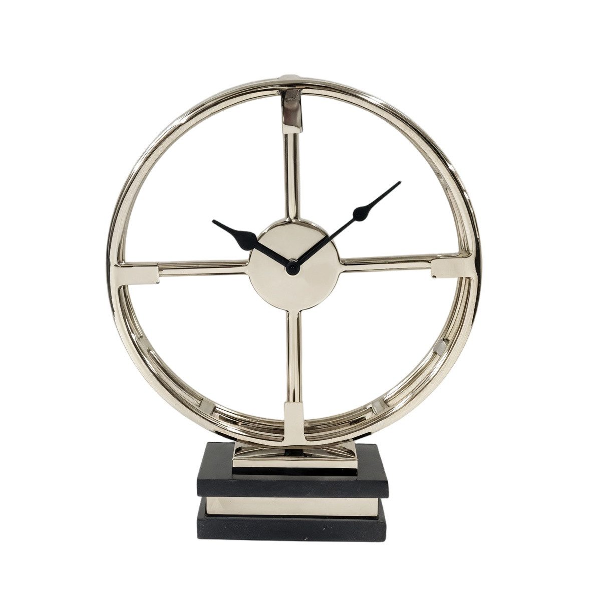 Antikas Wanddekoobjekt Hochwertige Tischuhr Nickel poliert, offenes Ringdesign, Marmorsockel