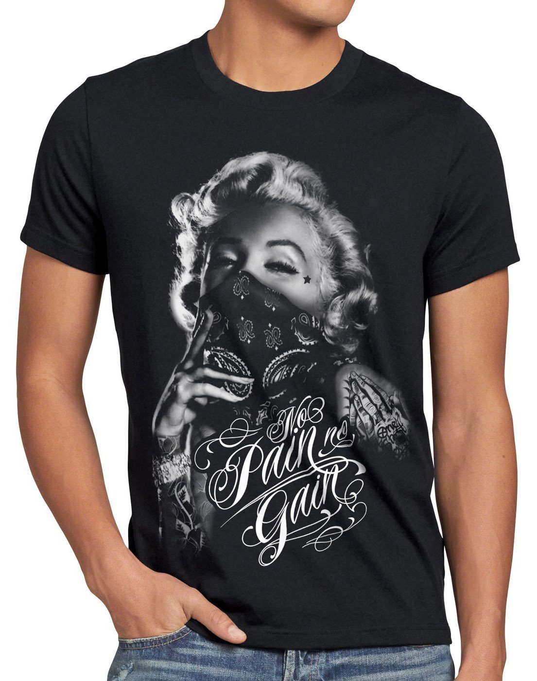 style3 Print-Shirt Herren T-Shirt Marilyn No Pain Tattoo monroe inked punk rock tätowiert biker usa