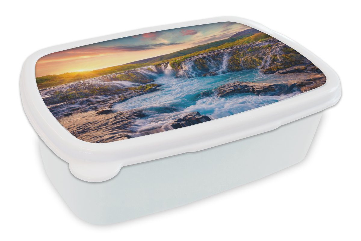 MuchoWow Lunchbox Wasserfall - Pflanzen - Moos - Landschaft - Sonnenuntergang - Fels, Kunststoff, (2-tlg), Brotbox für Kinder und Erwachsene, Brotdose, für Jungs und Mädchen weiß