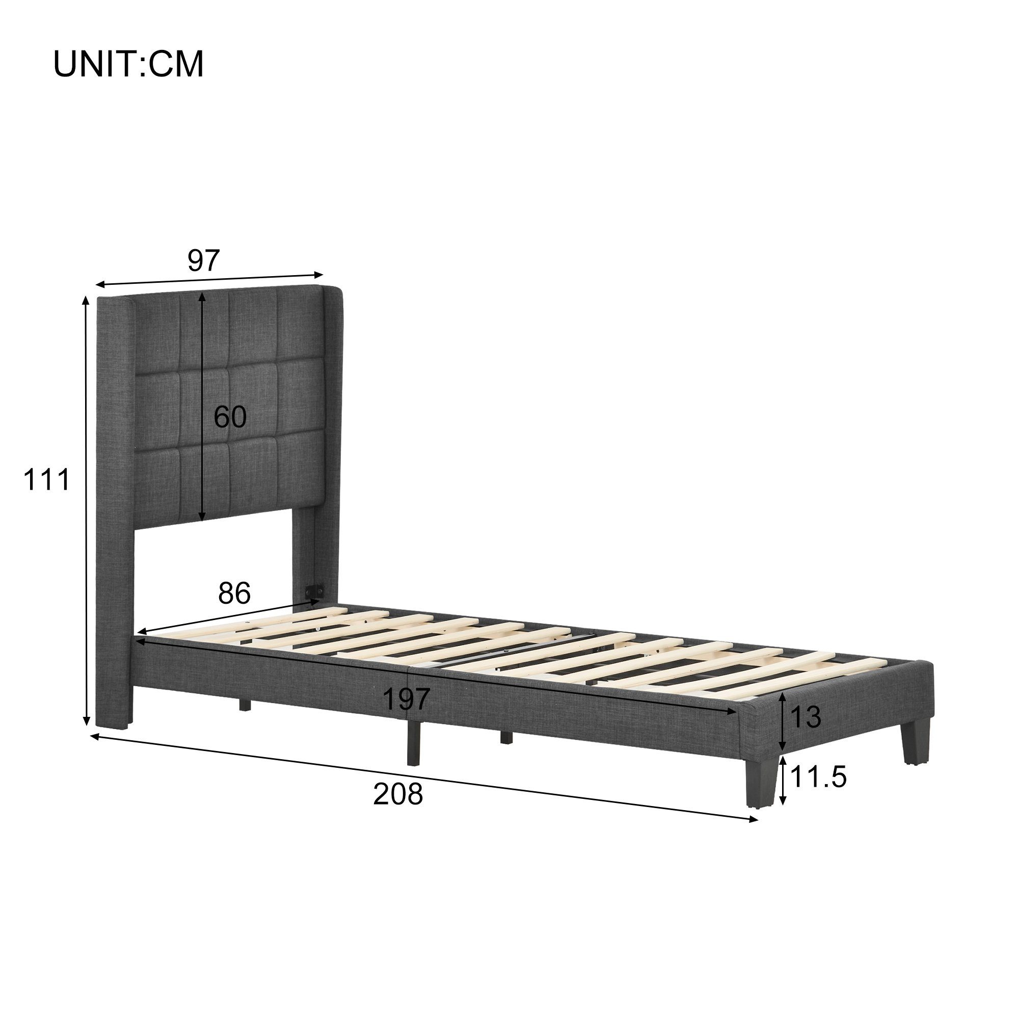 Polsterbett, Holzbett 90x200 cm, Lattenrost aus Holz, Gepolstertes Kopfteil, Leinen
