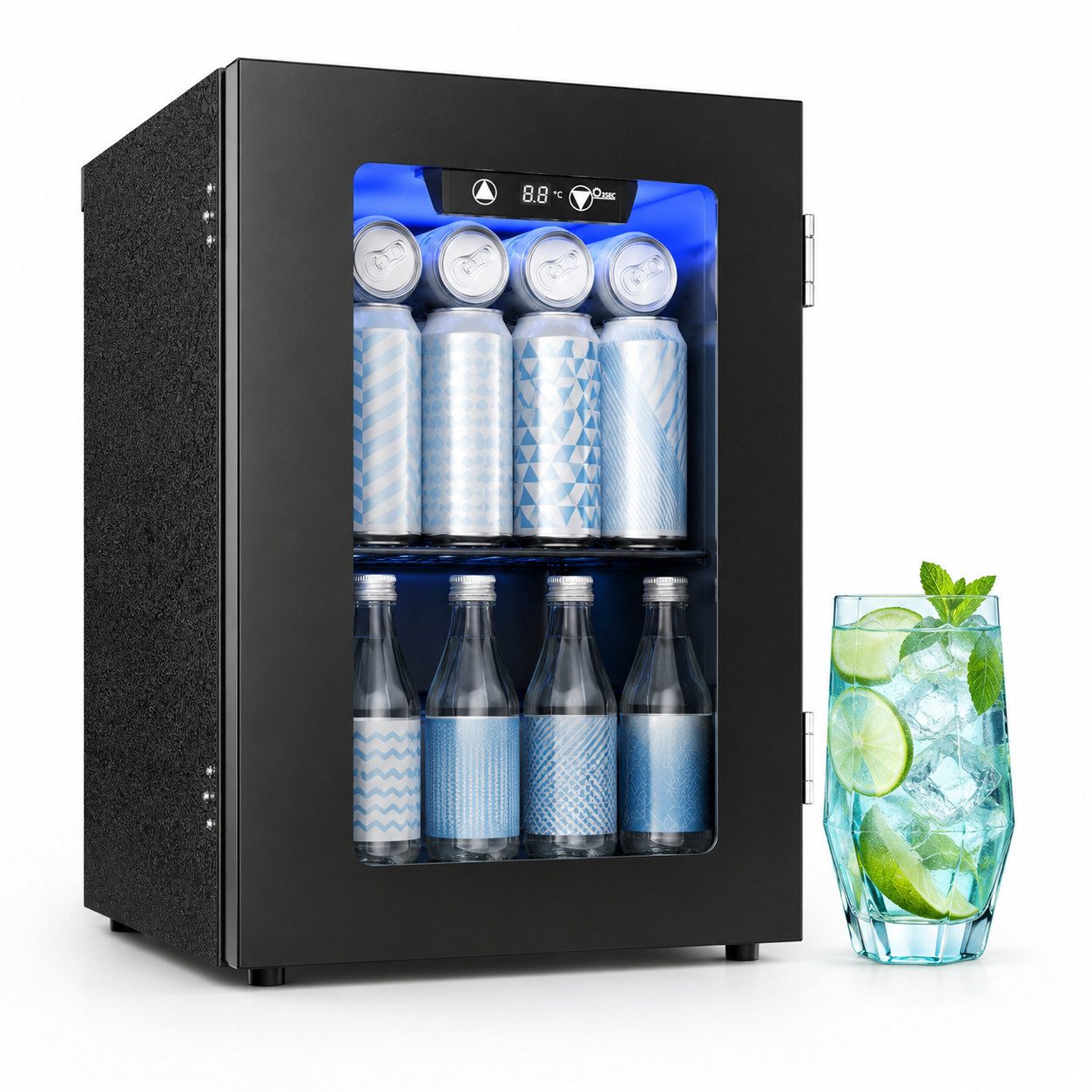Furnicopia Getränkekühlschrank leise, 24 Dosen, verstellbares Regal, Digital-Display, Energieklasse E JC-18UEL-F, Kompressor, Doppelglas, LED, wenig Reif