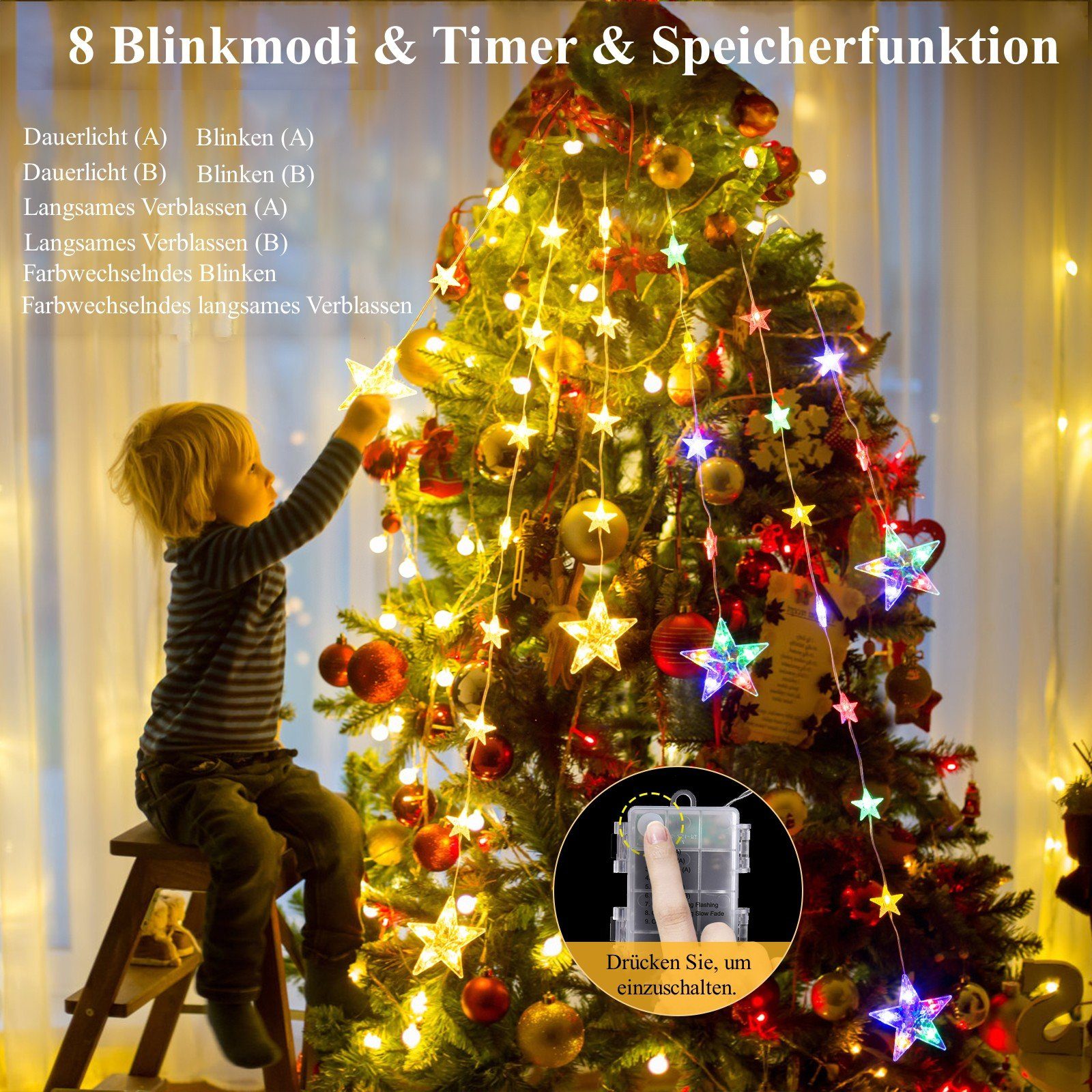 Elegear LED-Lichterkette 0,8/1,2m LED Lichtervorhang Weihnachtsdeko mit haken, Timer, 8 Modi, Weihnachtsbeleuchtung für Fensterdeko, Weihnachtsbaum deko Innen/Außen