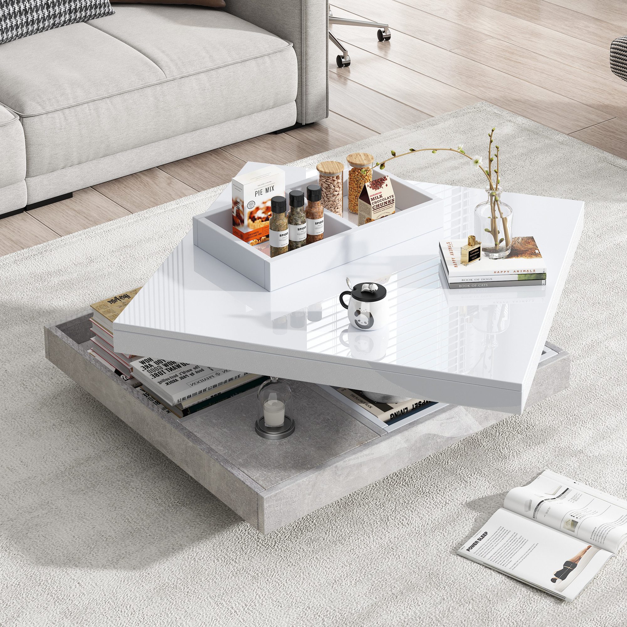 HAUSS SPOLE Couchtisch 360° drehbar, 2-stöckige drehbare Tischplatte mit Ablagefach, weiß (Satztisch, Wohnzimmertisch Beistelltisch, 1-St., 4 Ablagefach), Doppelcouchtisch mit Hochglanzplatte Tischplatte 360° drehbar