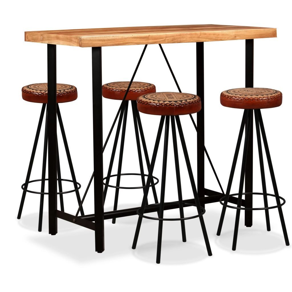 vidaXL Sitzgruppe Bar-Set 5-tlg Akazie Massivholz Echtleder und Canvas Hochstühle Barhoc
