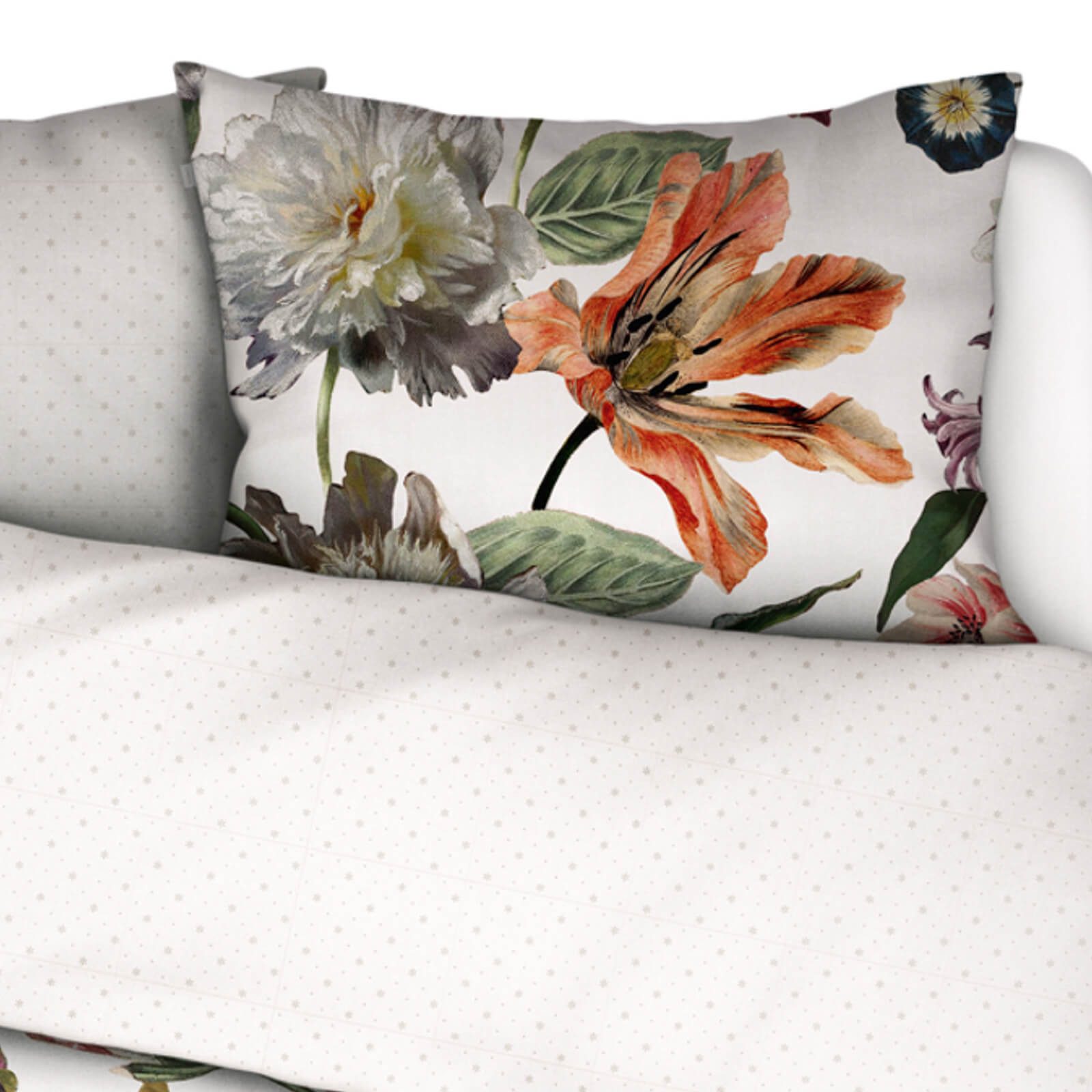 Essenza Bettwäsche Filou Weiß Satin, Satin, 2 teilig, Blumen, Rosen, Dahlien, Gepunktet