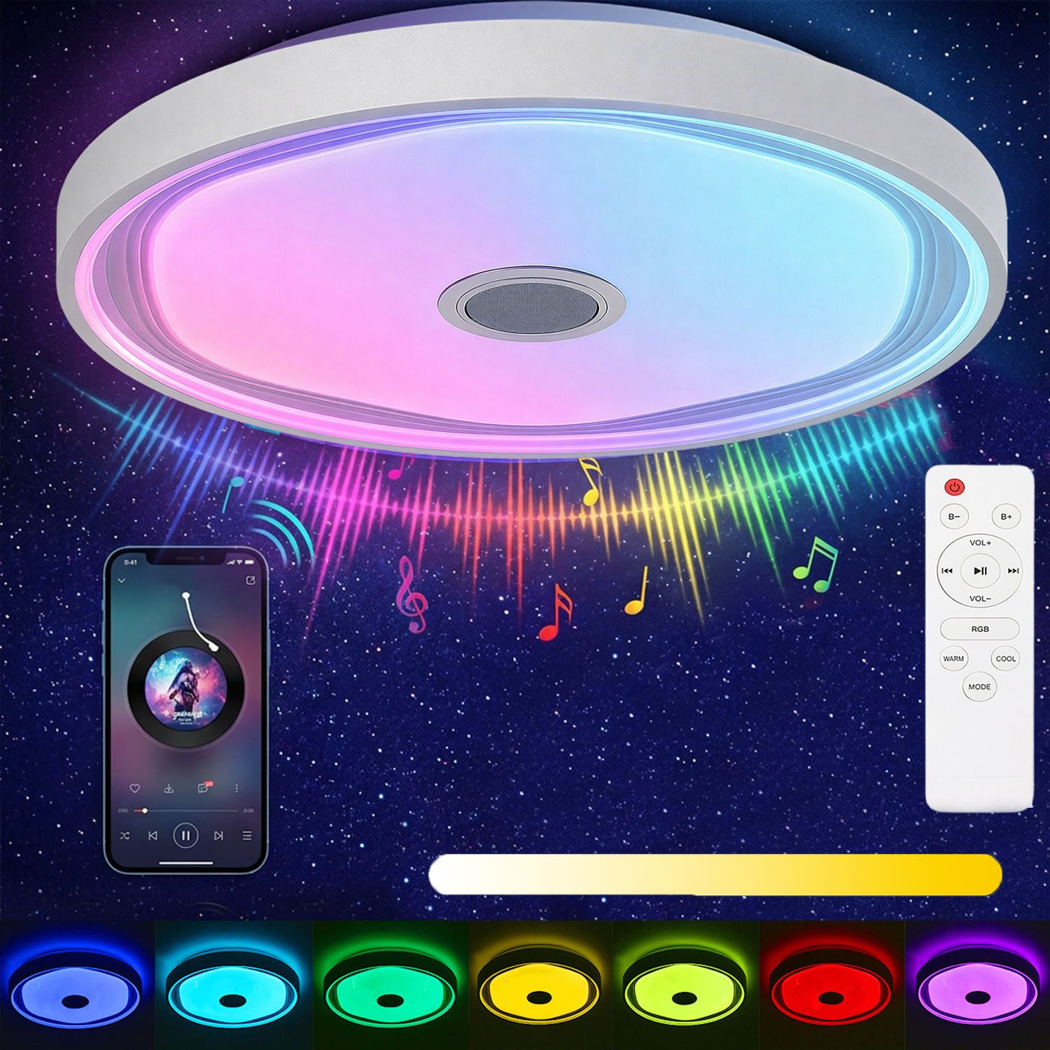 Deckenleuchte Smart LED Deckenlampe mit Bluetooth Lautsprecher, 50cm Wohnzimmerlampe