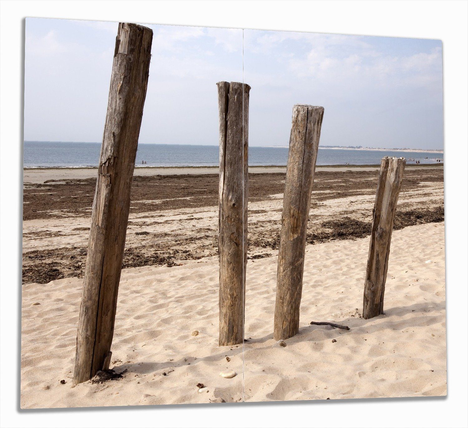 Wallario Herd-Abdeckplatte Sandstrand mit Holzpfählen am Atlantischen Ozean, ESG-Sicherheitsglas, (Glasplatte, 2 tlg., inkl. 5mm Noppen), verschiedene Größen