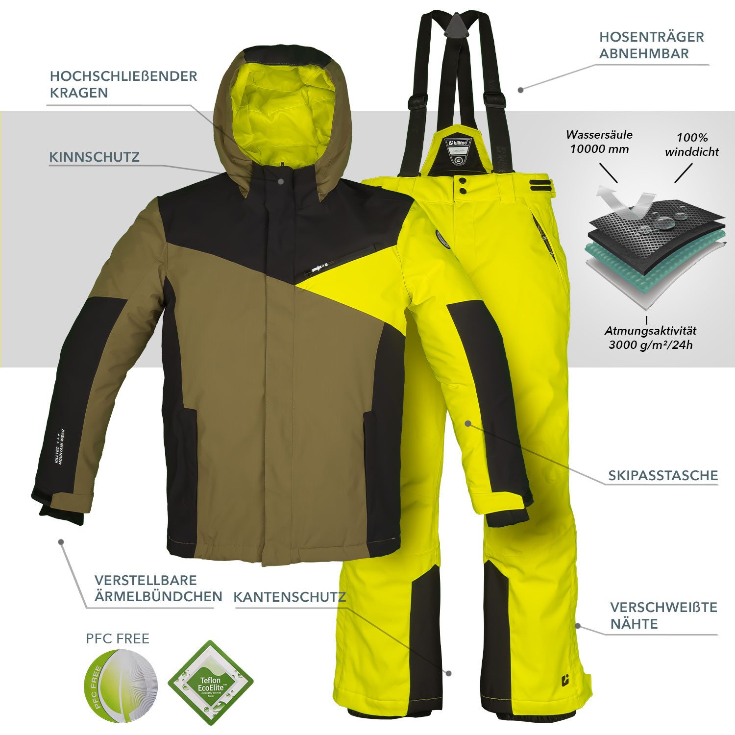 Killtec Skianzug Jungen Kinder Skijacke oliv + Skihose gelb, wasserdicht und atmungsaktiv