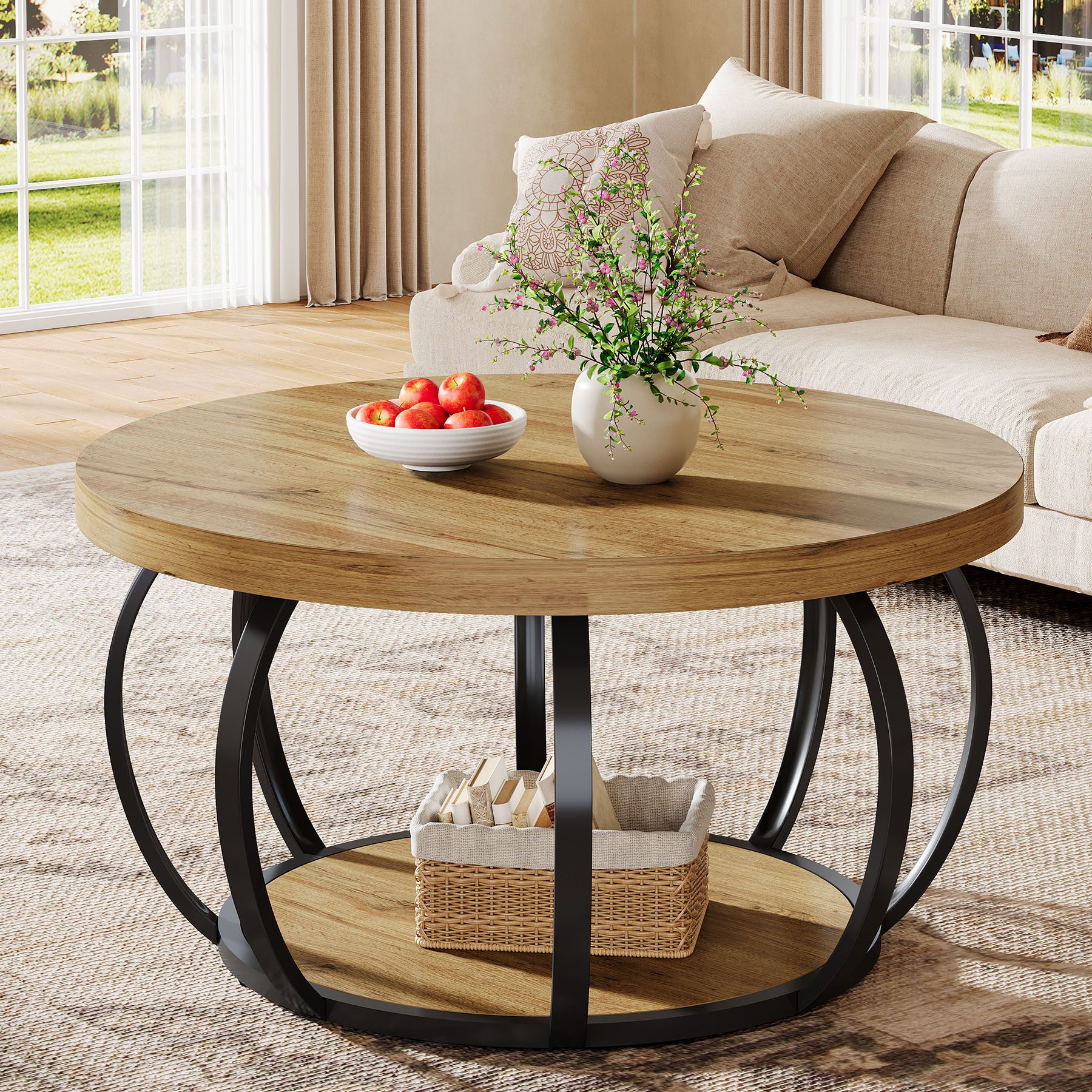 Tribesigns Couchtisch Runde Couchtisch, Industrial 2 Etagen Wohnzimmertisch mit Stauraum, Moderne hölzerne Akzent Mitte Tisch Sofa Beistelltisch für Wohnzimmer