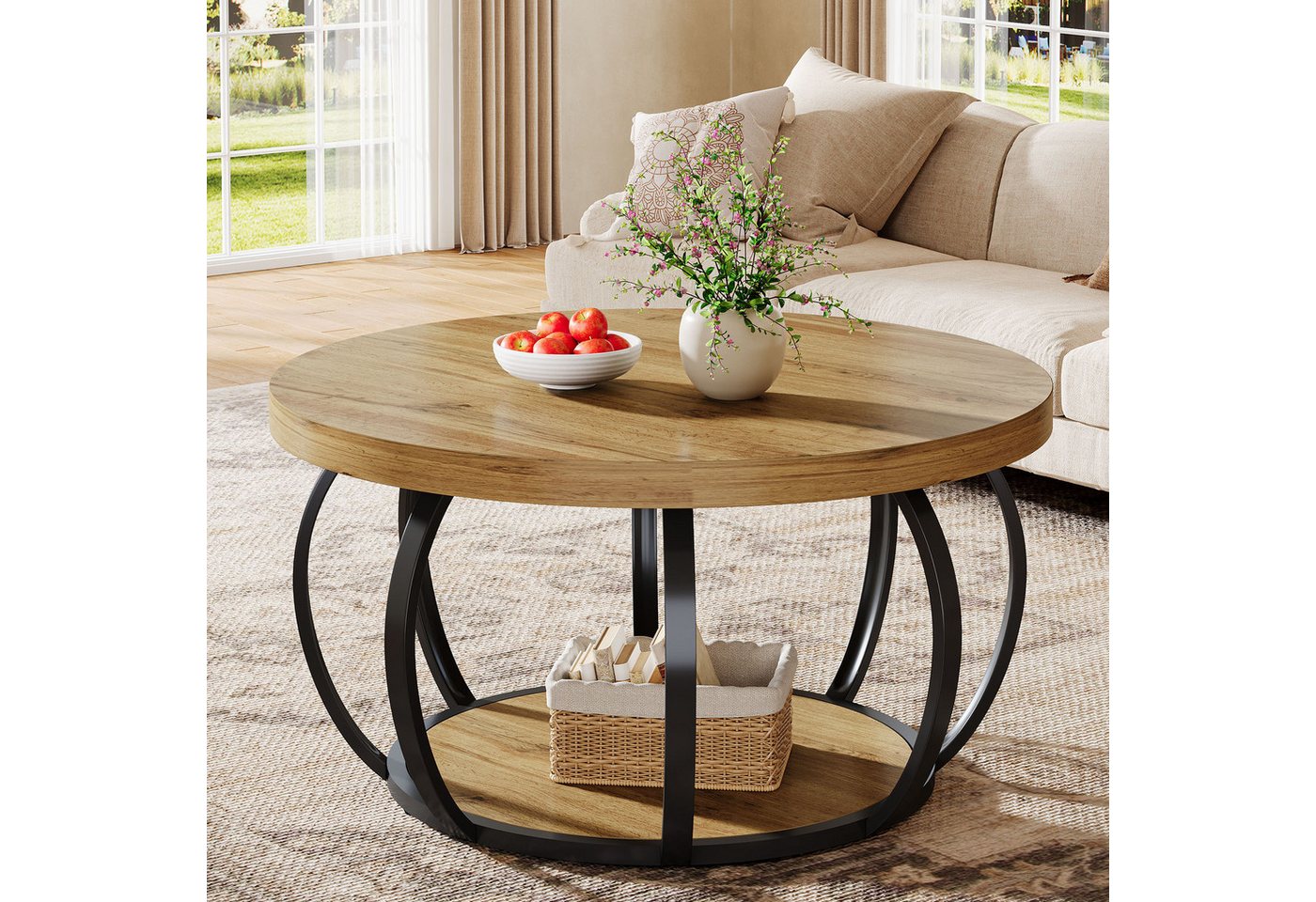Tribesigns Couchtisch Runde Couchtisch, Industrial 2 Etagen Wohnzimmertisch mit Stauraum, Moderne hölzerne Akzent Mitte Tisch Sofa Beistelltisch für Wohnzimmer