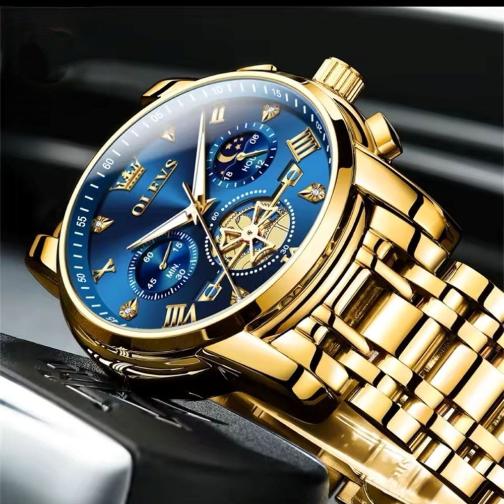 OLEVS Quarzuhr Herrenuhr Olevs Chronograph – Luxuriöses Blau-Gold Design