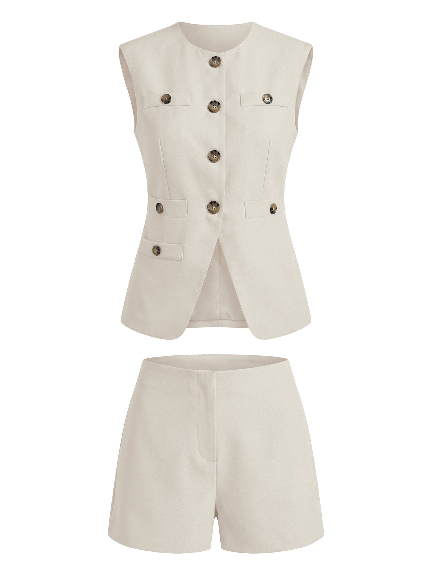Imily Bela Anzug Damen 2-teiliges Set ärmellos Rundhals Business Casual (Set, 2-tlg., Weste mit Knöpfen+Shorts mit Eingrifftaschen, 2er-Pack) in Unifarbe – Bild 5 von 5