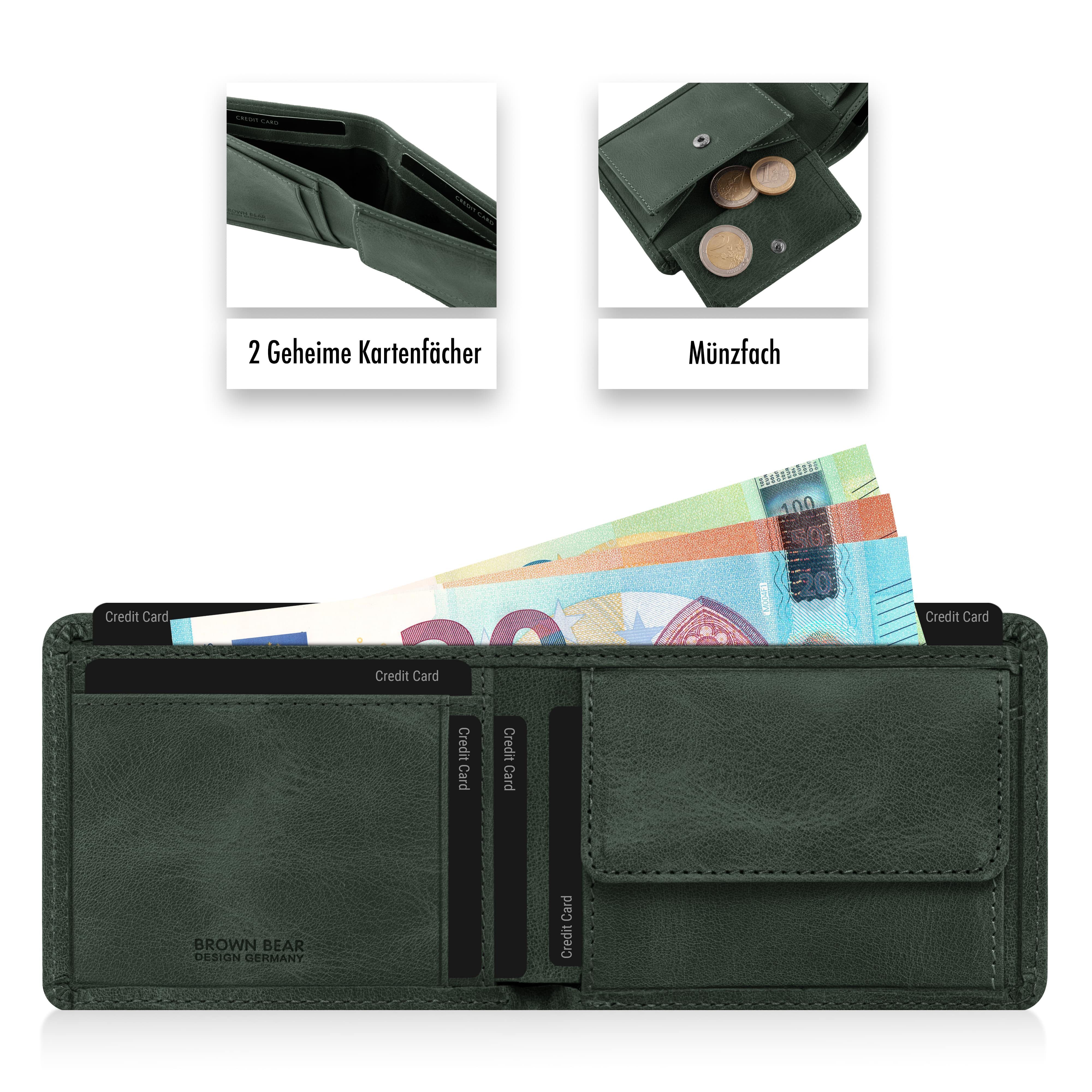 Brown Bear Geldbörse 8061 - mit 6 Kartenfächern und RFID-Schutz, aus Echtleder Farbe Olive-Vintage