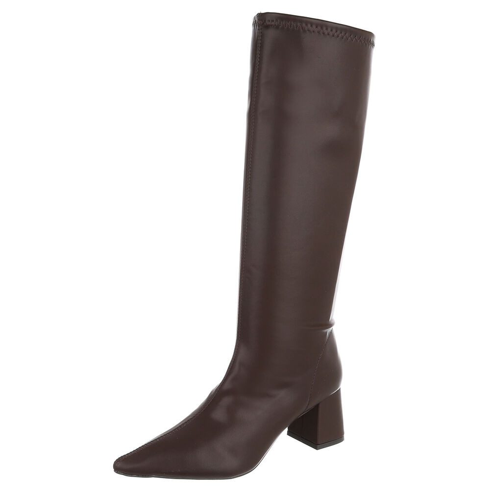Ital-Design Damen Langschaftstiefel mit Blockabsatz, knielang Stiefel (92214185) Blockabsatz Stiefel in Dunkelbraun