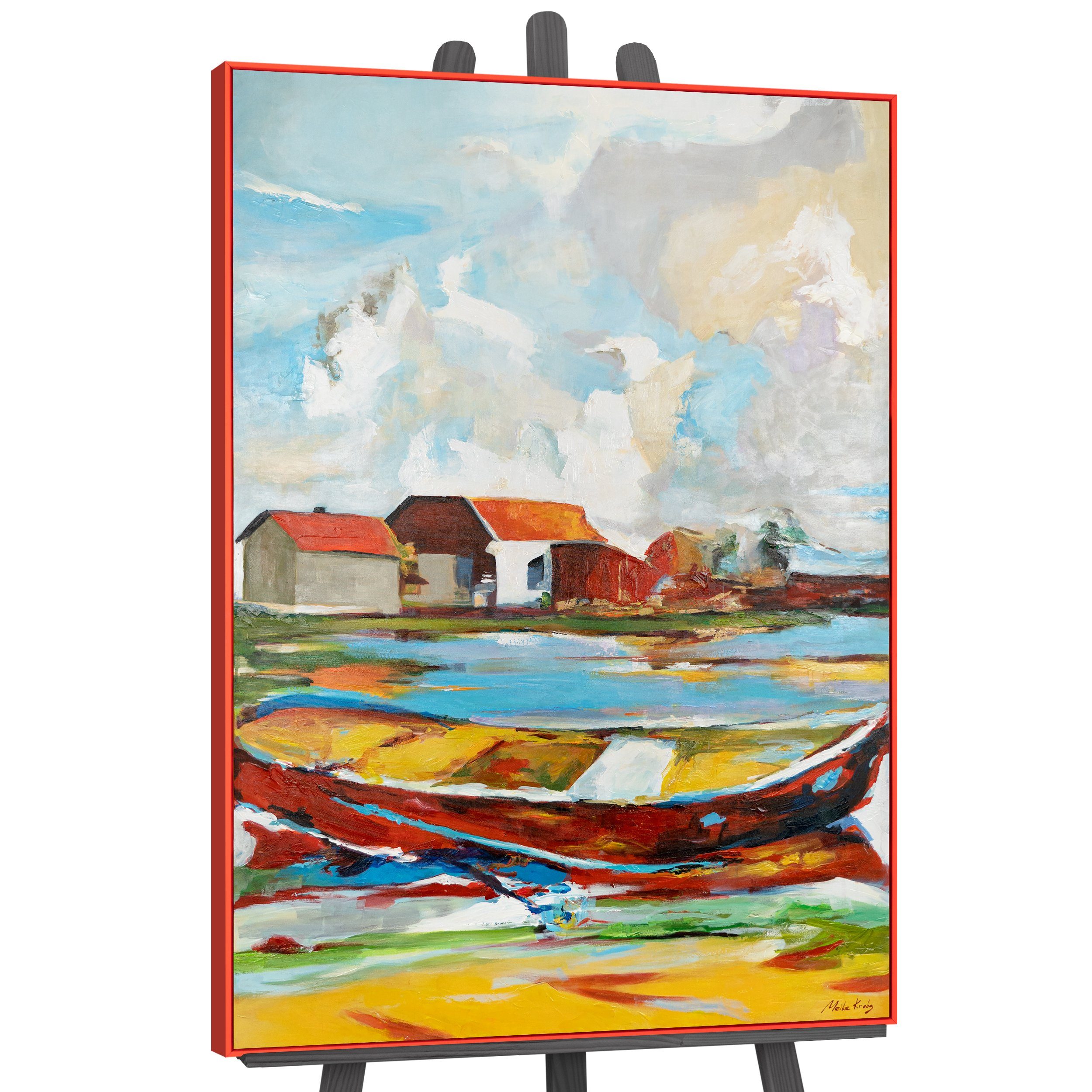YS-Art Gemälde Gezeiten der Inspiration, Landschaft, Leinwandbild ruhige Küste mit Boot und Häusern gerahmt