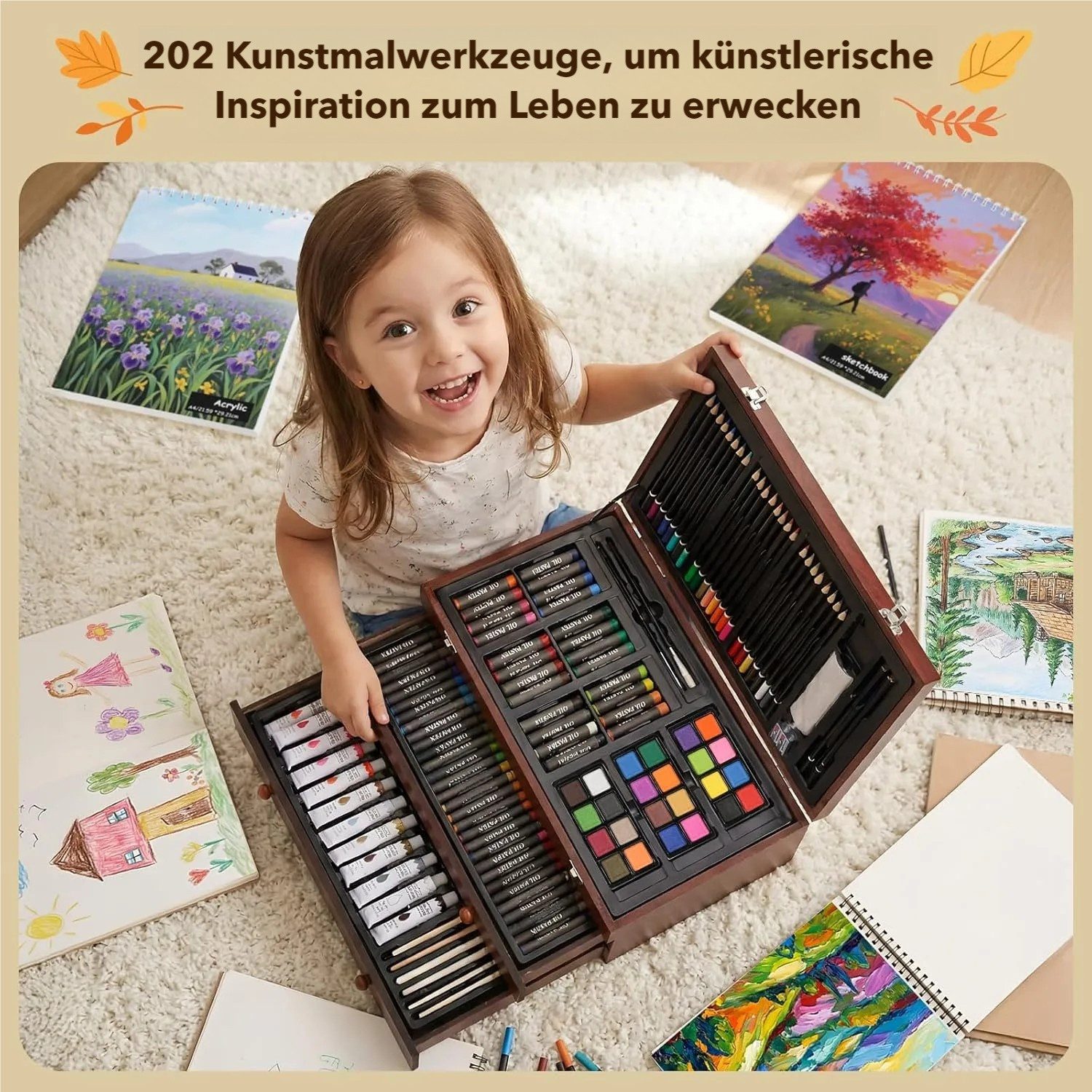 TLGREEN Malpalette 202-Teiliges Malset, Deluxe Malkoffer für Kinder & Erwachsene, mit Buntstift,Zeichenkoffer,Wachsmalstiften,Staffelei,Aquarellstiften