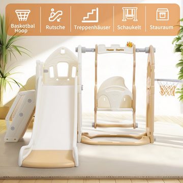Fangqi Indoor-Rutsche Kinderrutsche 5-in-1-Set mit Schaukel, Basketballständer und Stauraum
