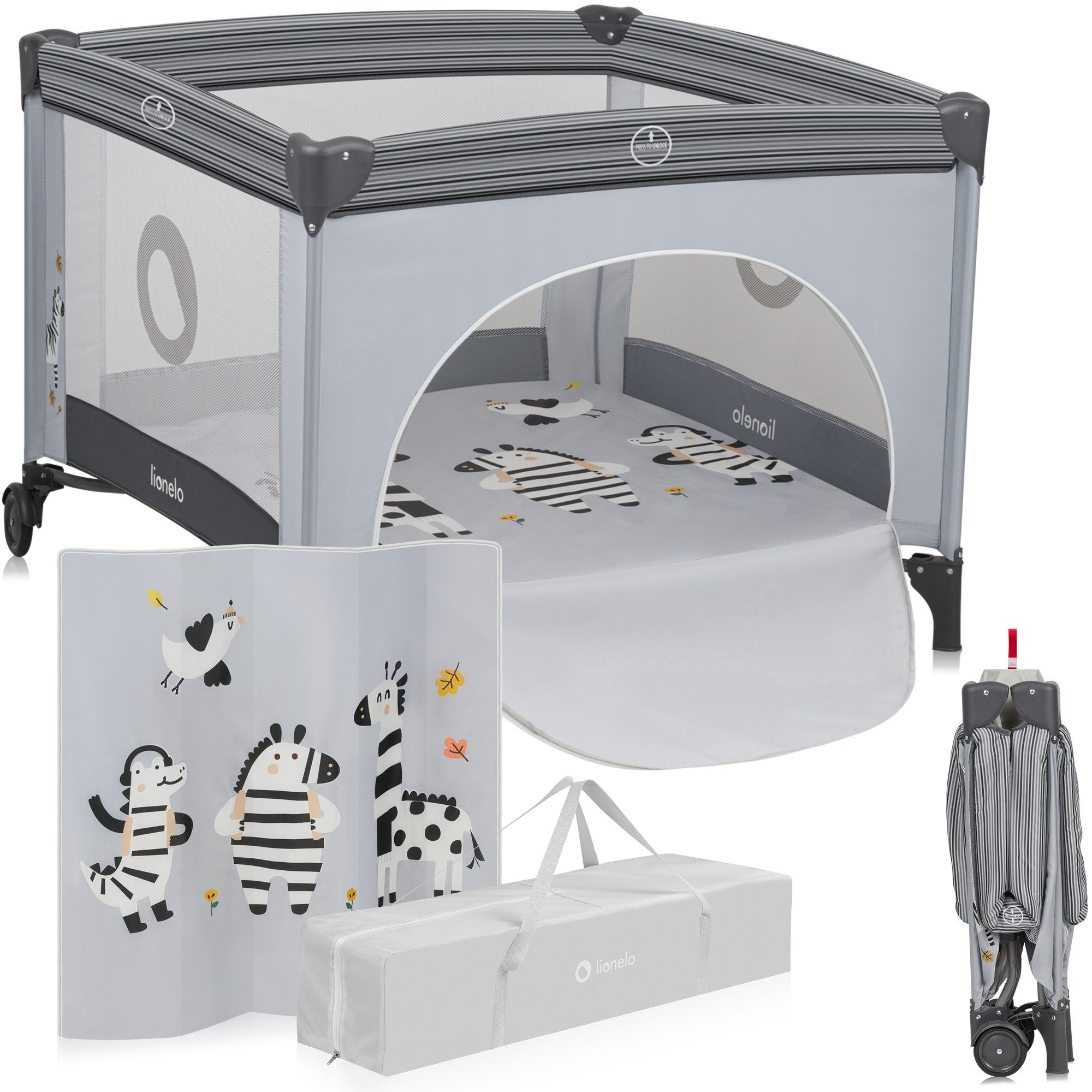 lionelo Laufgitter BONNIE (Set), Große Fläche, Seiteneingang, leicht klappbar, Transporttasche