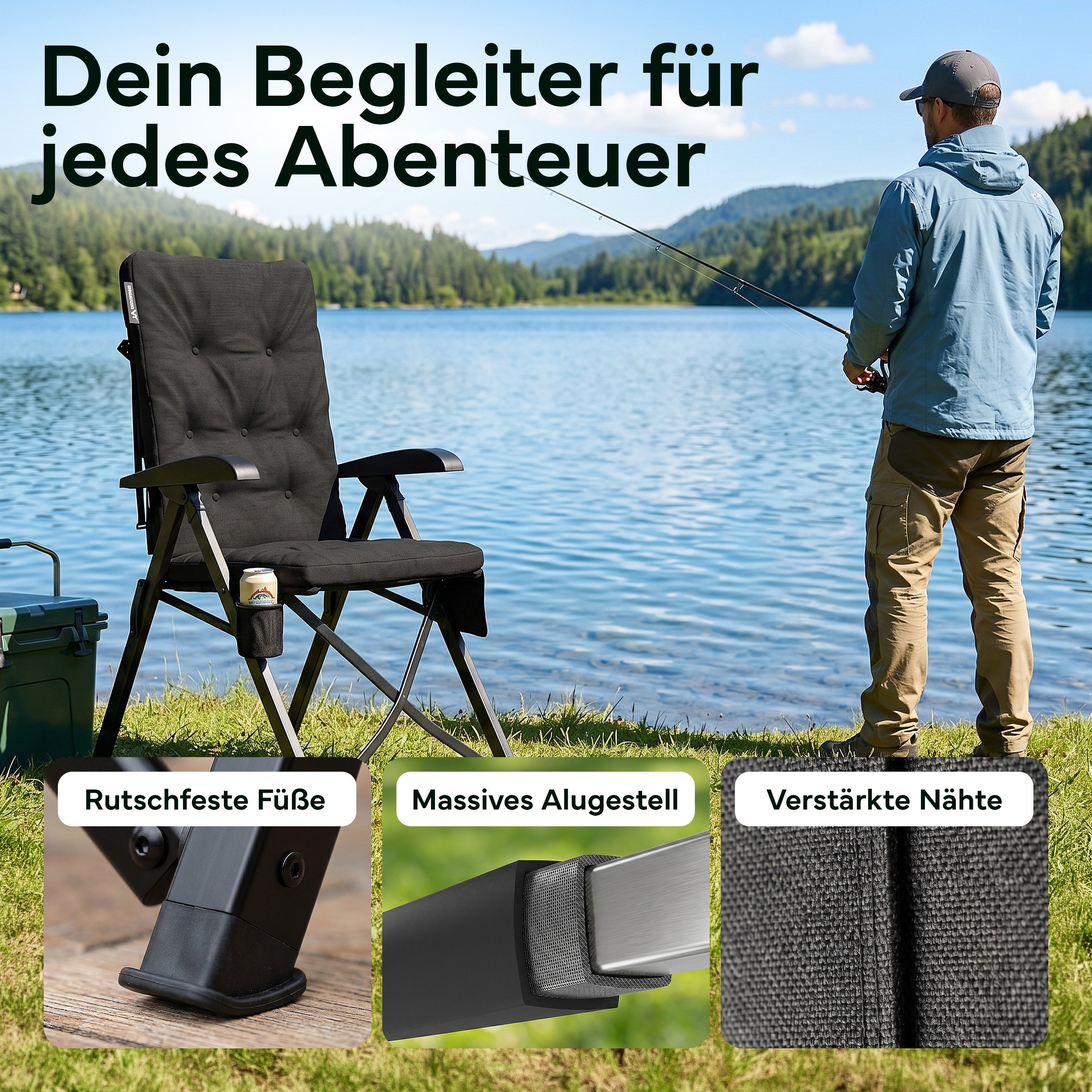 NEOLYMP Campingstuhl Faltbarer Campingstuhl bis 150 kg mit Getränkehalter & Taschen, Gestell aus Aluminium