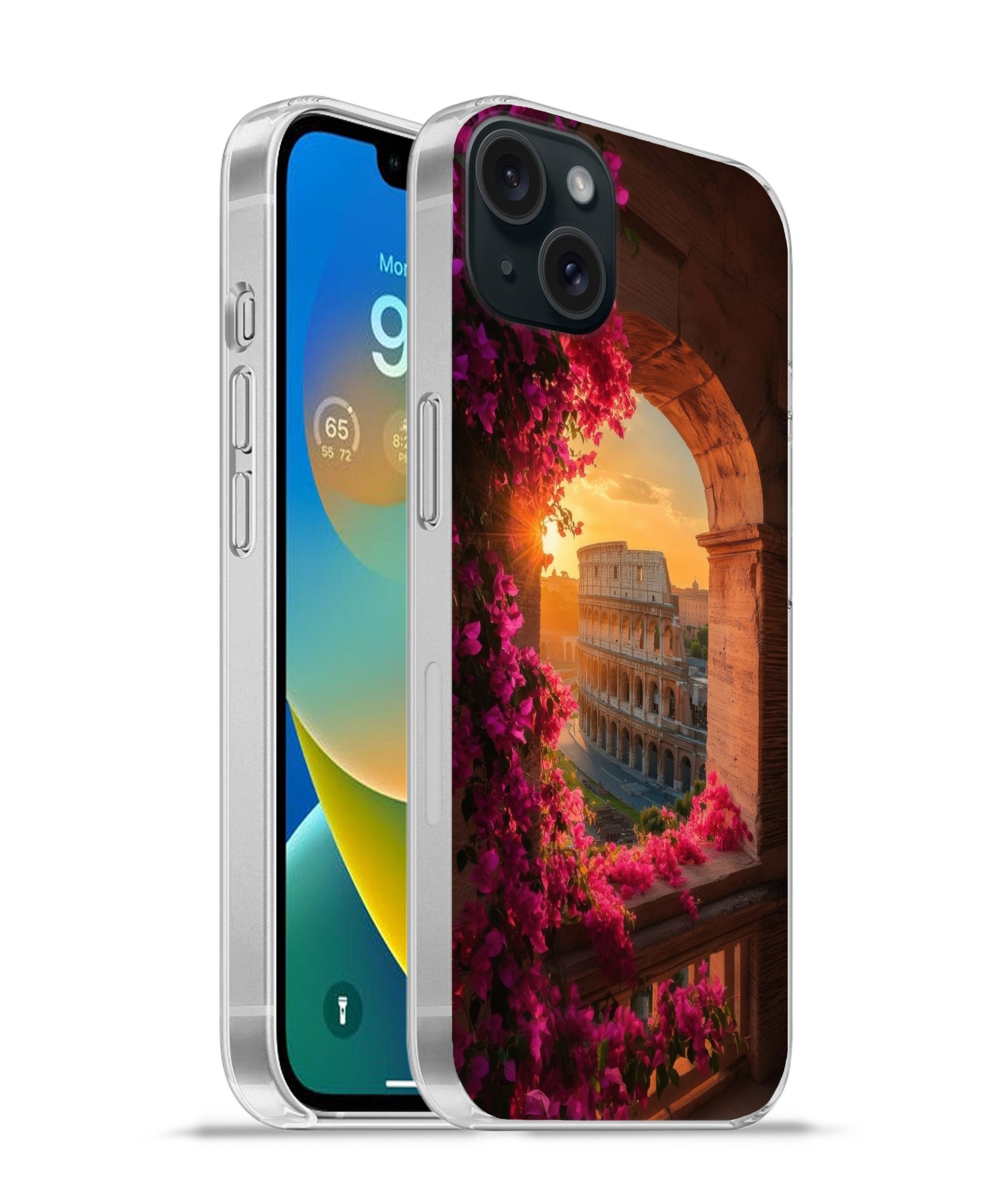 MuchoWow Handyhülle für Apple iPhone 15 Plus Kolosseum - Rom - Rosa Blumen, Smartphone-Bumper, Print, Handy Schutzhülle Dünn