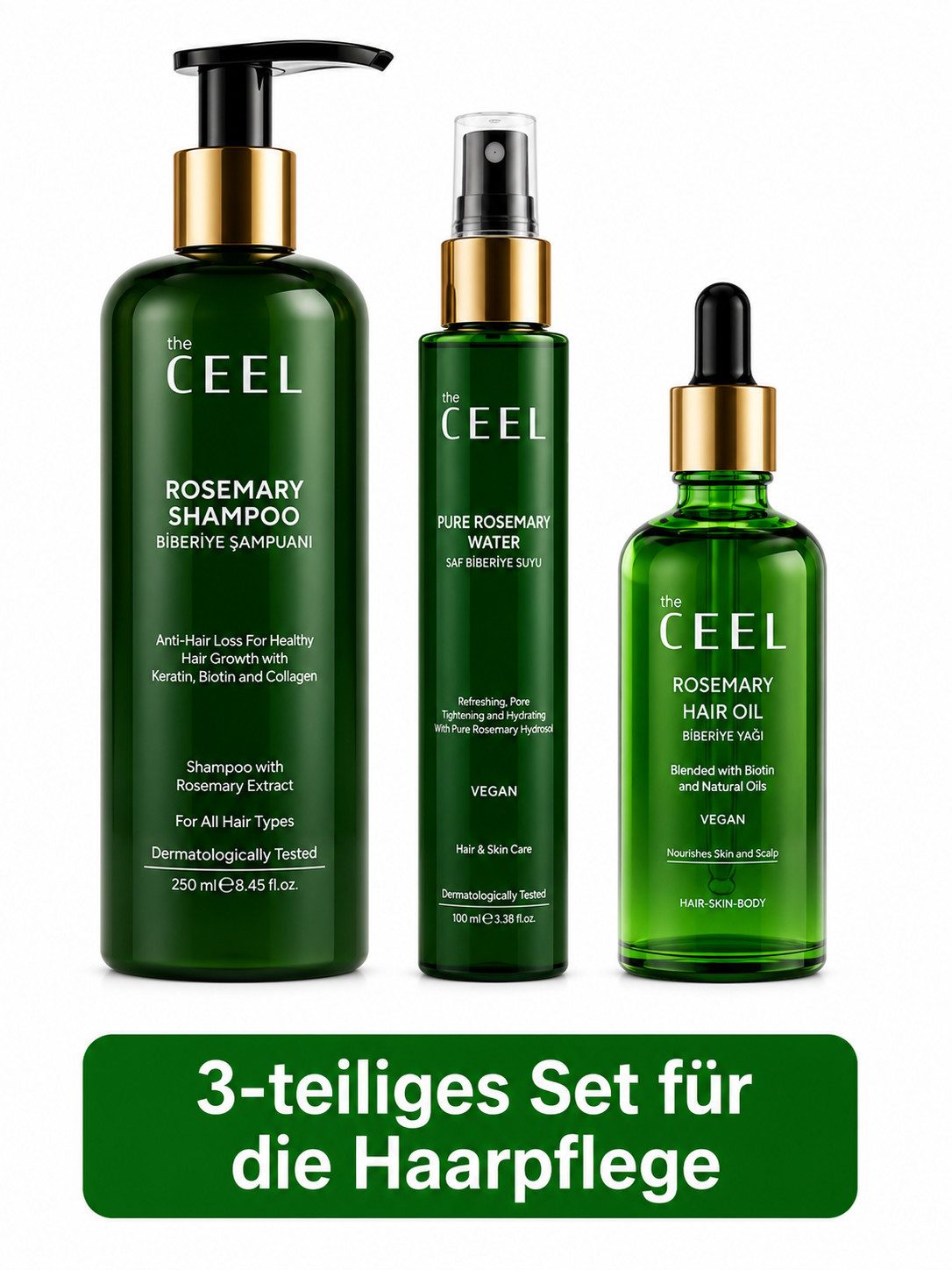 THE CEEL Haarpflege-Set Rosmarin Haarpflege-Set – Shampoo, Rosmarinwasser & Rosmarinöl, 3-tlg., Ideal für die tägliche Haarpflege und ein gepflegtes Erscheinungsbild.