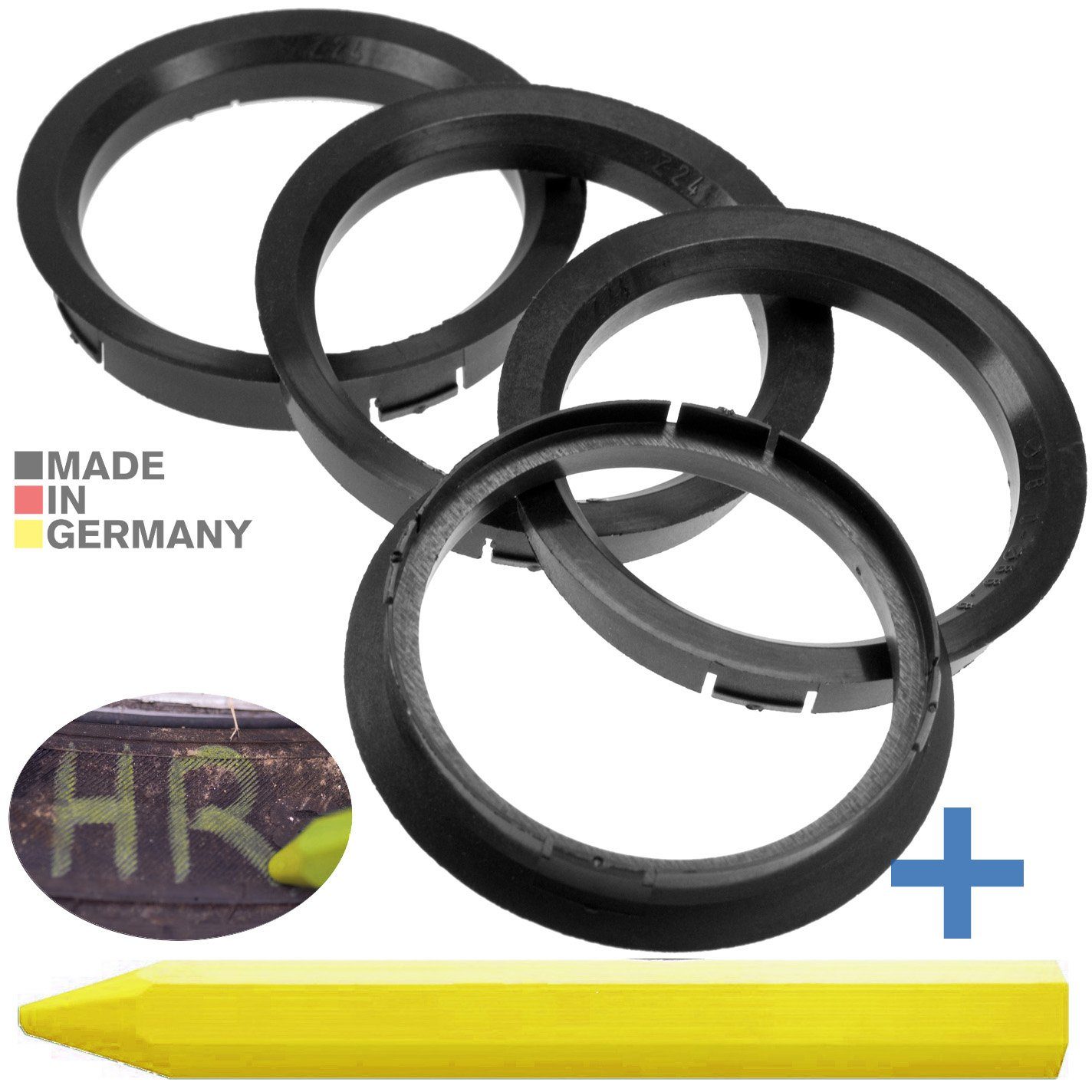 RKC Reifenstift 4X Zentrierringe Schwarz Felgen Ringe + 1x Reifen Kreide Fett Stift, Maße: 76,0 x 66,6 mm