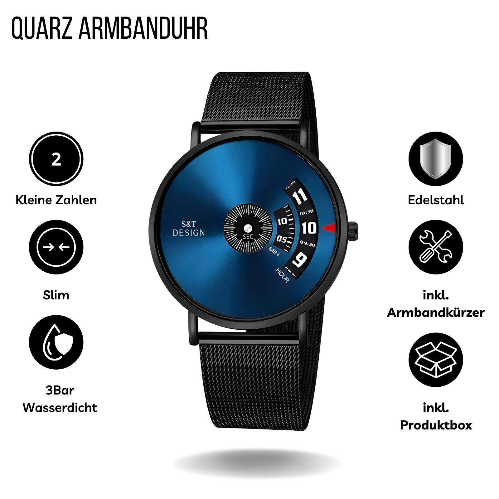 S&T Design Quarzuhr Herren Armbanduhr Mesh Armband Herrenuhr Analoge Männer Uhr, (Uhrenbox, inkl. Werkzeug), Wasserdicht Ultra Dünne Edelstahl Mesh Armband Minimalistisch Anzug
