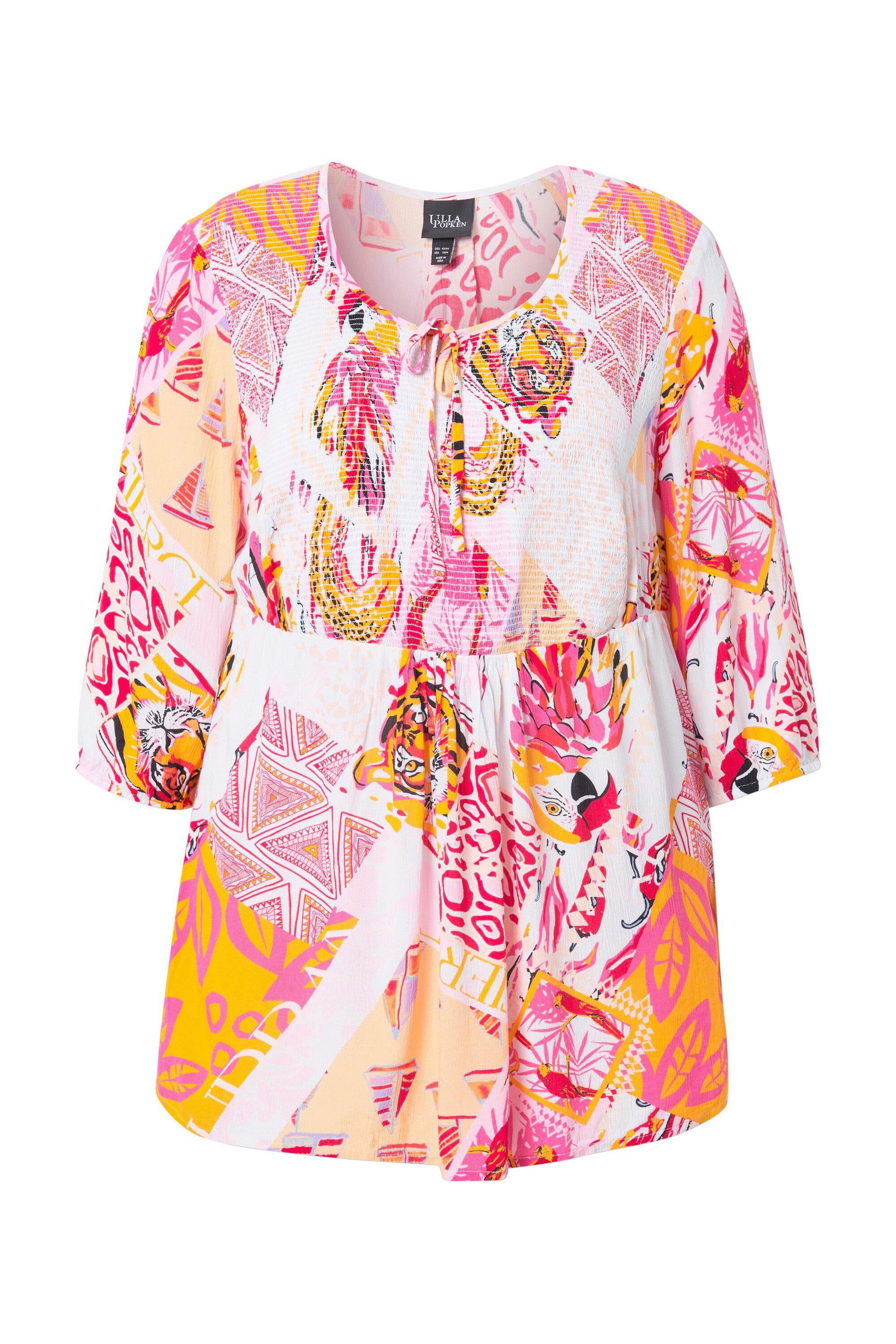 Ulla Popken Tunika Smok-Bluse Patchdruck A-Linie Rundhals 3/4-Arm günstig online kaufen