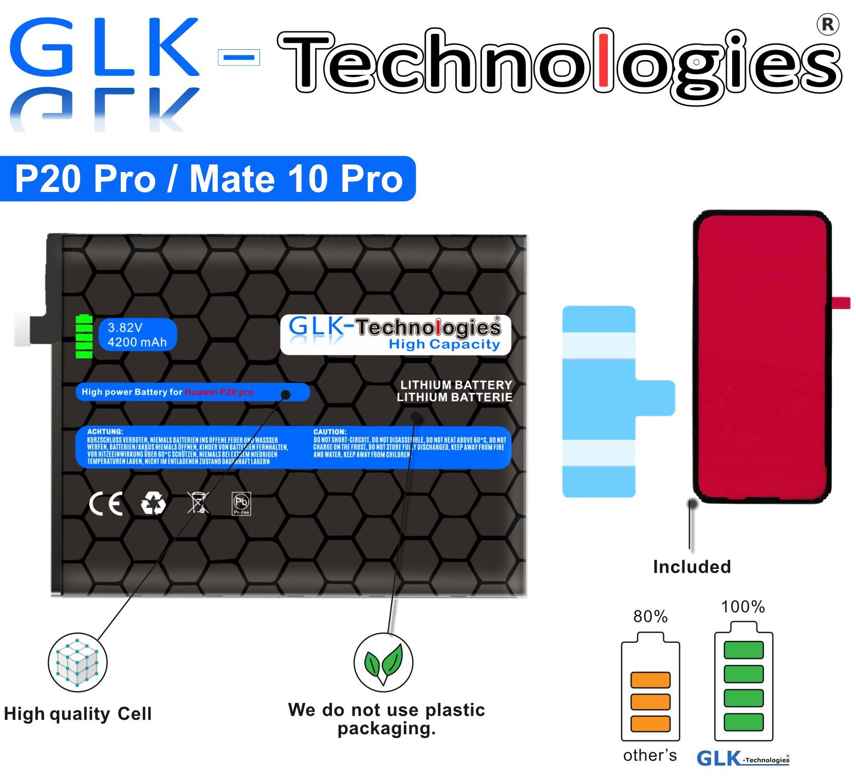 V) 10 PRO P20 mAh Mate High inkl. für GLK-Technologies Power 2X Akku 4200 Huawei Smartphone-Akku Klebebandsätze Mate PRO Ersatz (3,8 10