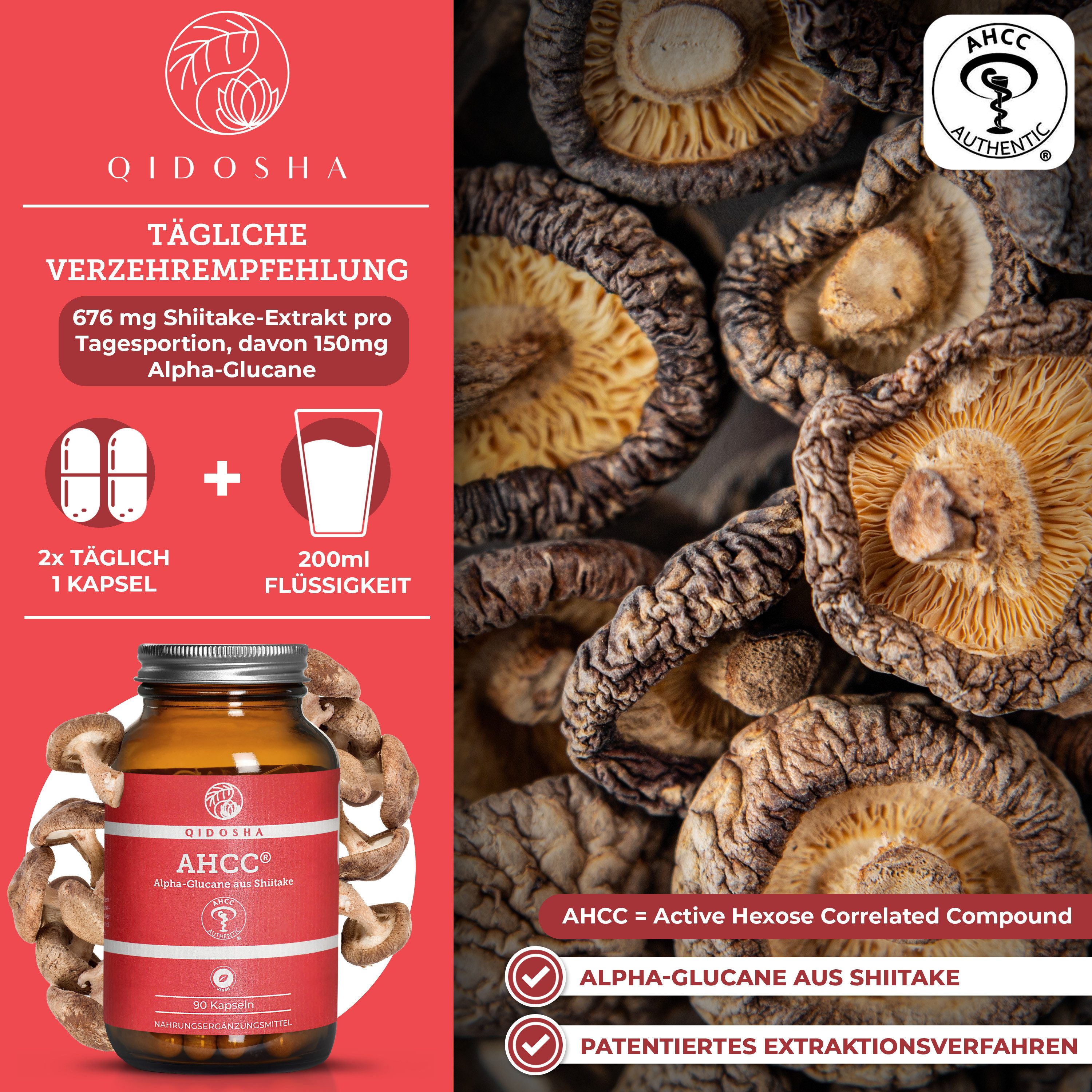 QIDOSHA AHCC® Shiitake-Extrakt mit Alpha-Glucanen Hartkapseln, 1 er 90 St., 67,5 g, Kurzkettige Alpha-Glucane