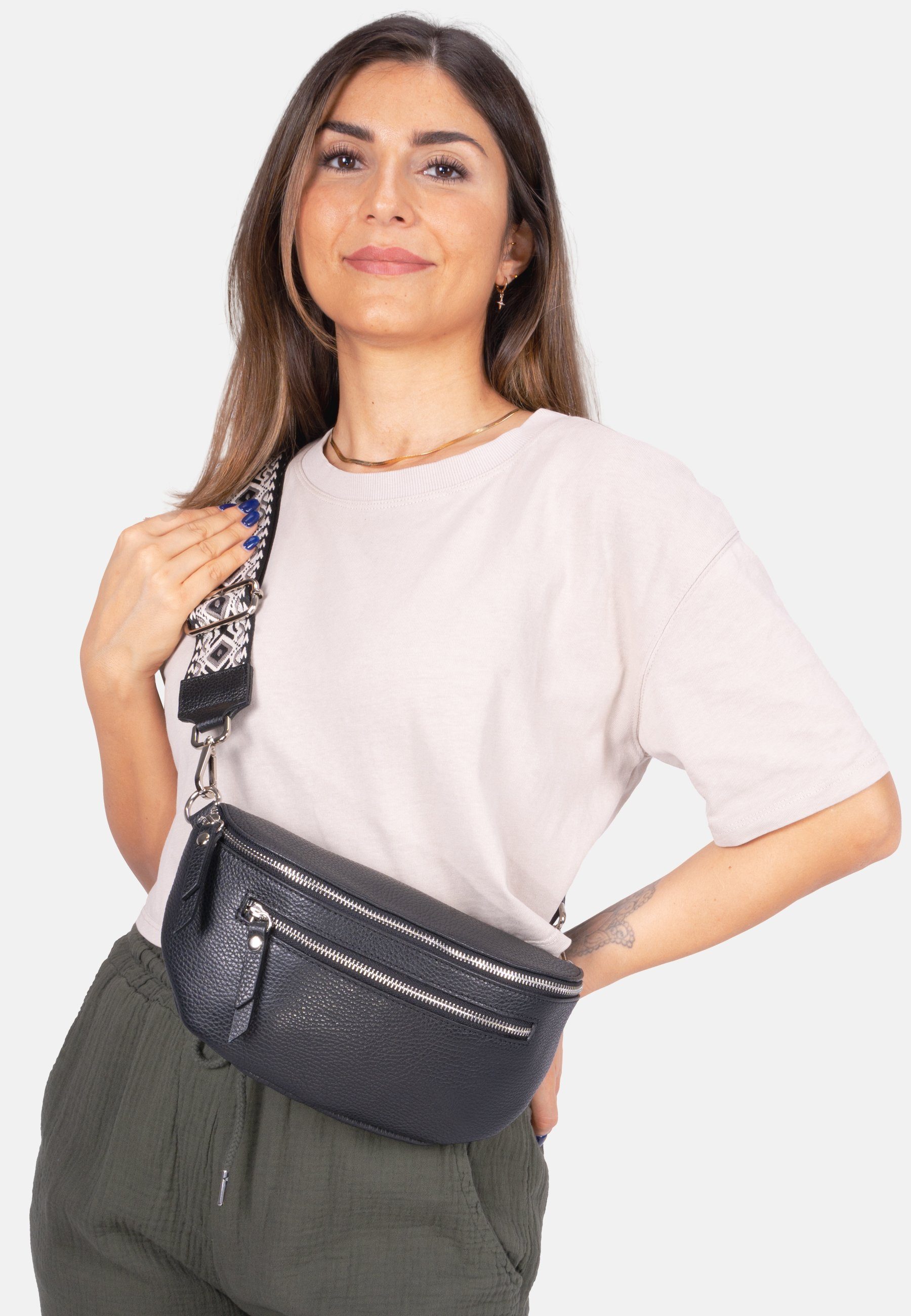 Mittelgroße Schwarz breitem und Seasons of Bag Crossbody Gurt Leder aus Zipper Umhängetasche 100% April 2 mit Pia, Umhängetasche