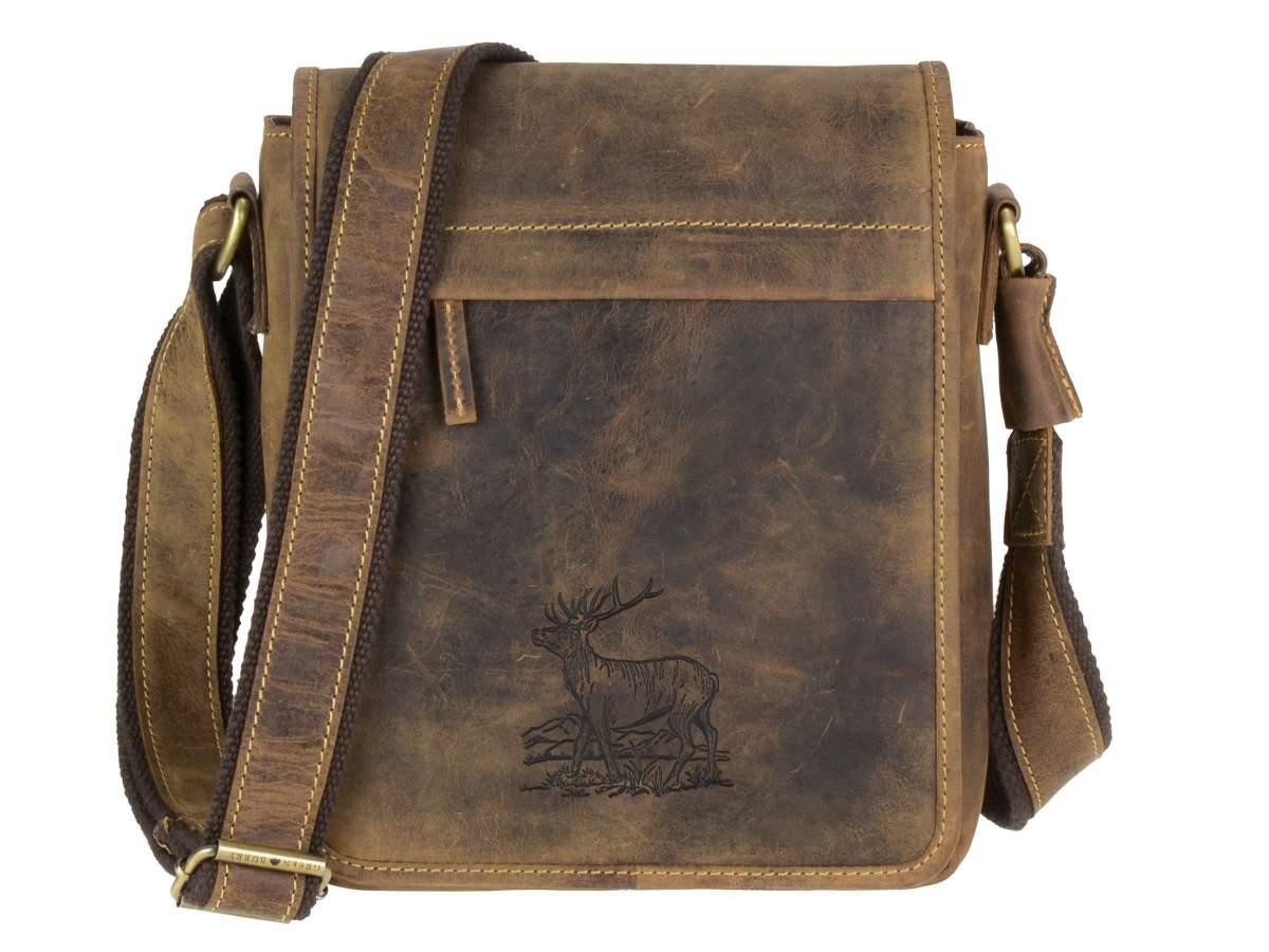 Greenburry Umhängetasche Vintage Hunting, Schultertasche, Messenger Bag 24cm, Hirsch-Prägung
