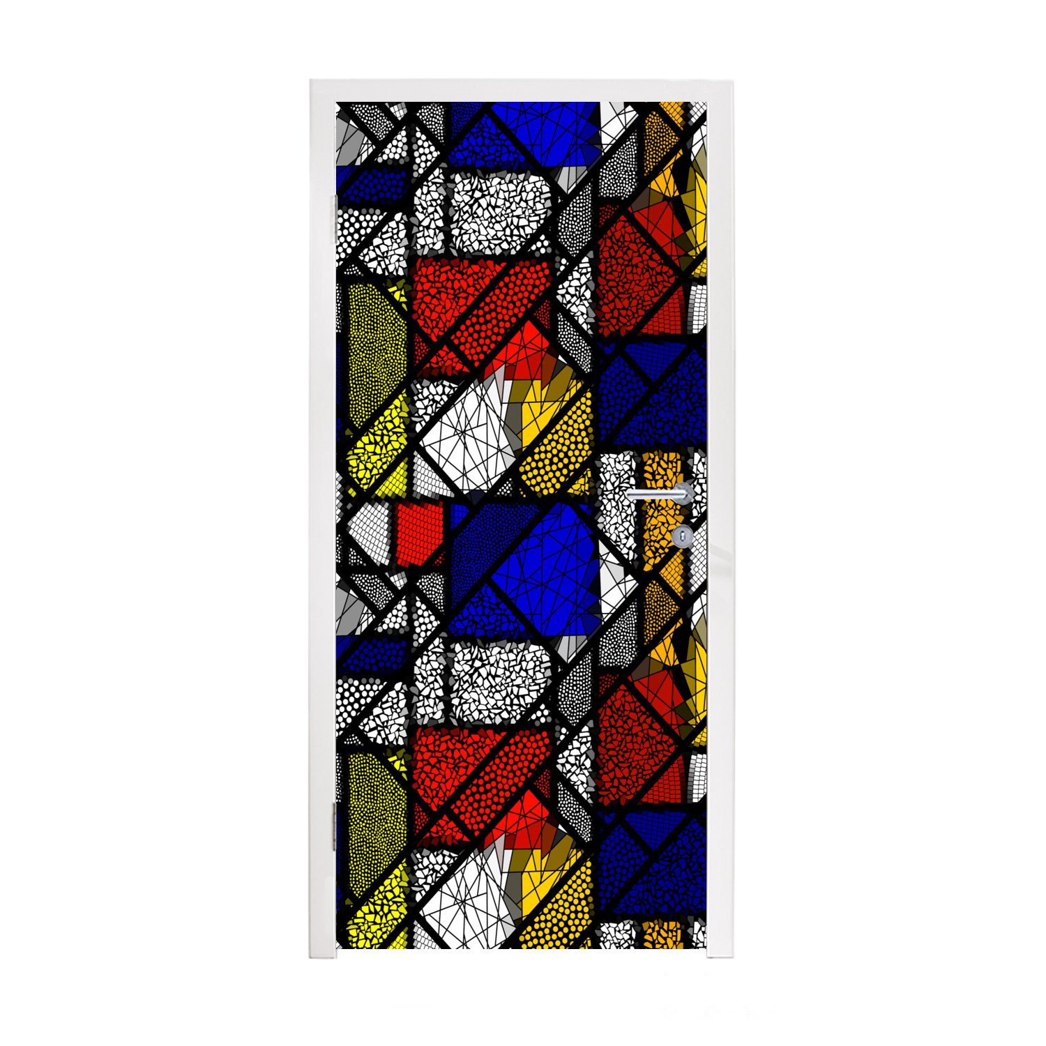 MuchoWow Türtapete Mondrian - Glasmalerei - Alte Meister - Kunstwerk - Abstrakt - Malerei, Matt, bedruckt, (1 St), Selbstklebende Tapete, Folie für Möbel, 75x205 cm