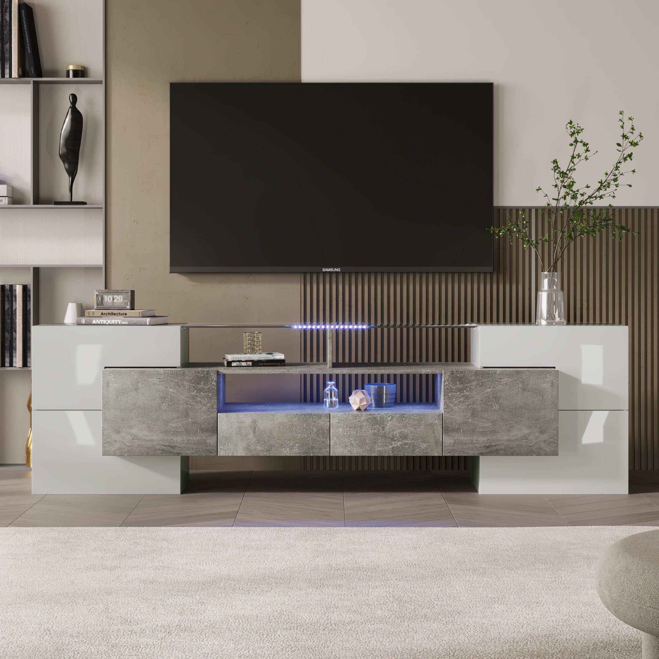 modernes cm) Wohnzimmermöbel. LED-Beleuchtung, 200 TV-Schrank (1-St., Schrank TV Weiß+Grau, Lowboard OKWISH Design