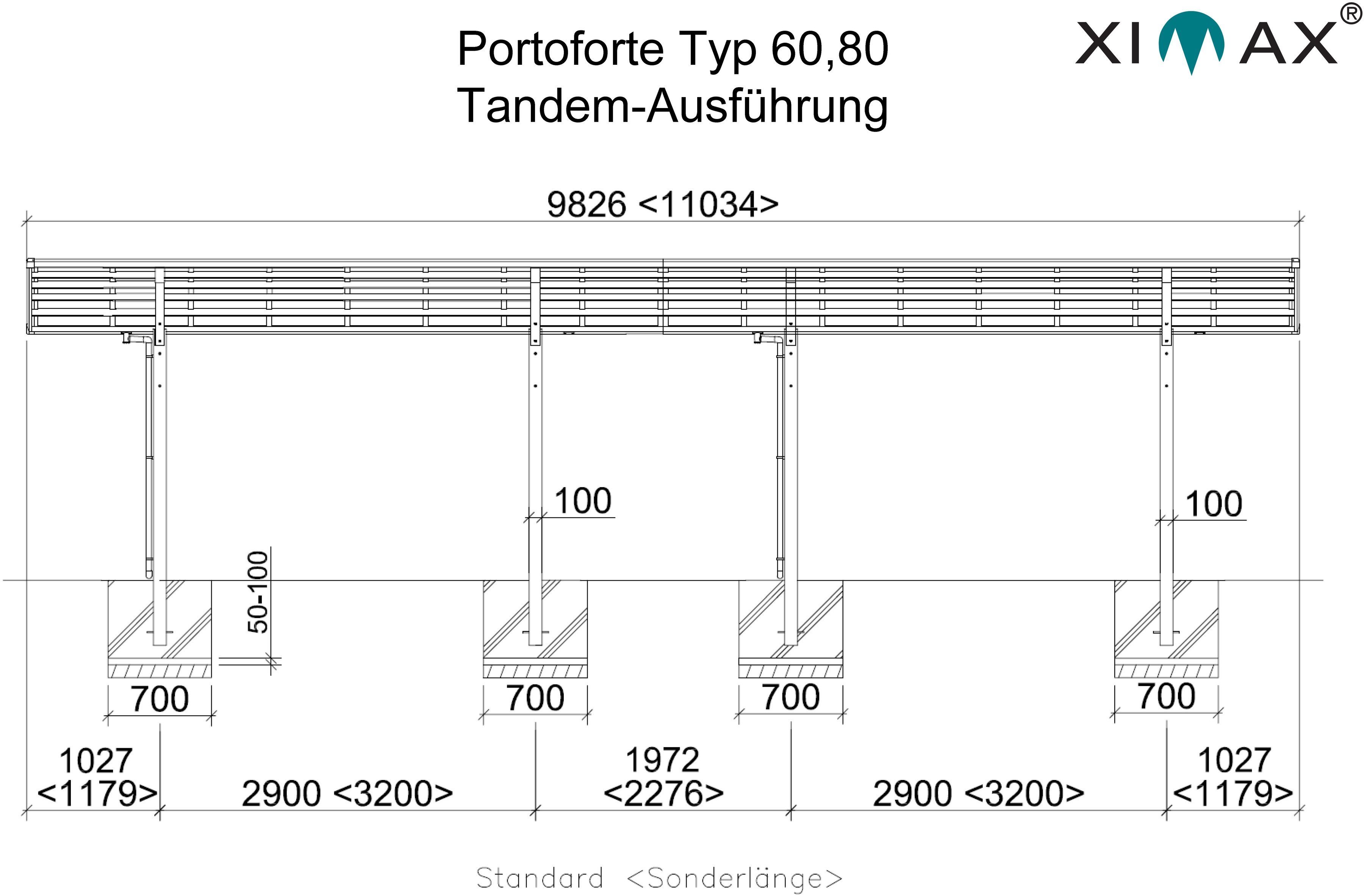 Portoforte BxT: 270x983 Aluminium 60 cm 240 cm, Tandem-Edelstahl-Look, Ximax Doppelcarport Typ Einfahrtshöhe,