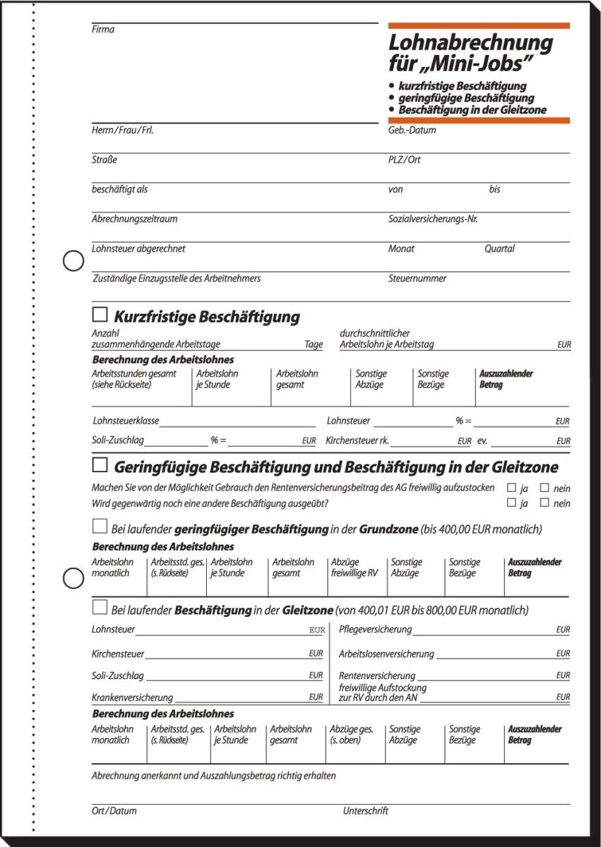 Formularblock Formularbuch Lohnabrechnung Aushilfskräfte A5 VE=50 Blatt.