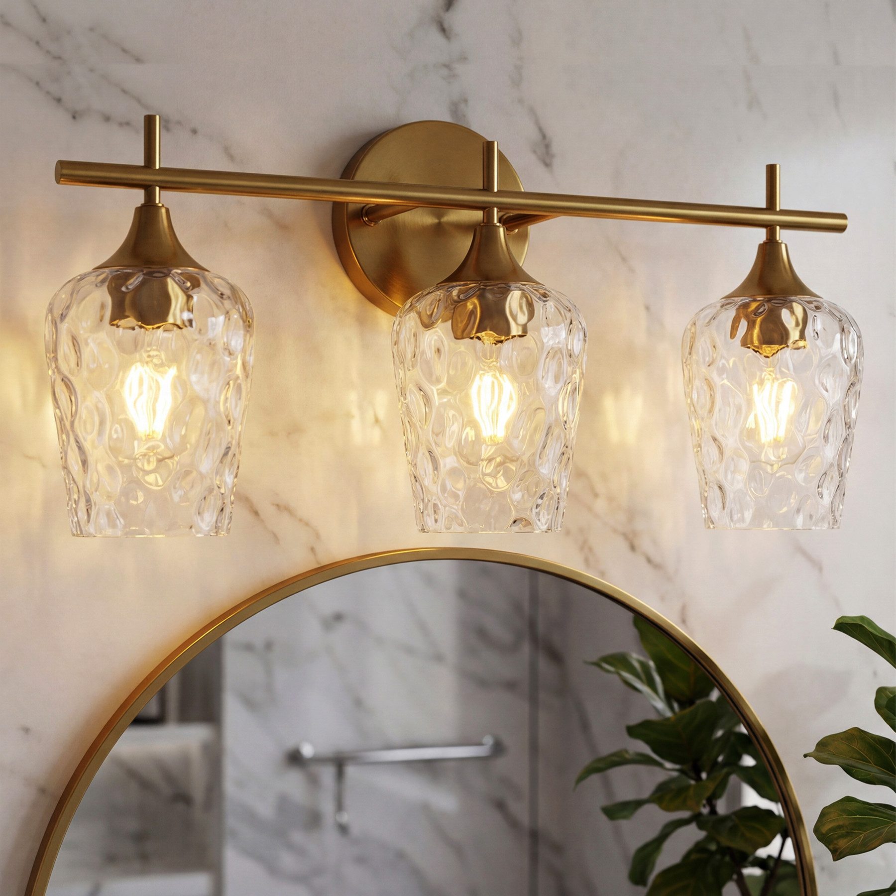 Tribesigns Wandleuchte 3-Licht Badezimmer-Wandleuchte Gold, Moderne Wandlampe mit Wellenglas