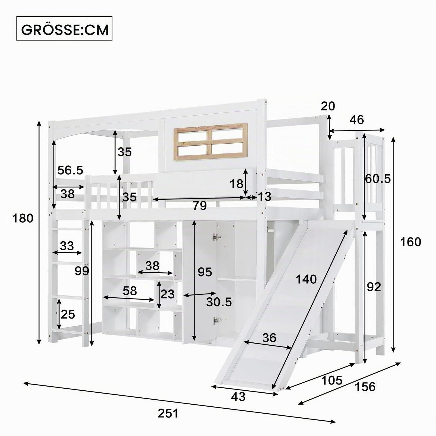 LuxusKollektion Spielbett Hochbett 90x200 cm mit Rutsche Kleiderschrank weiß
