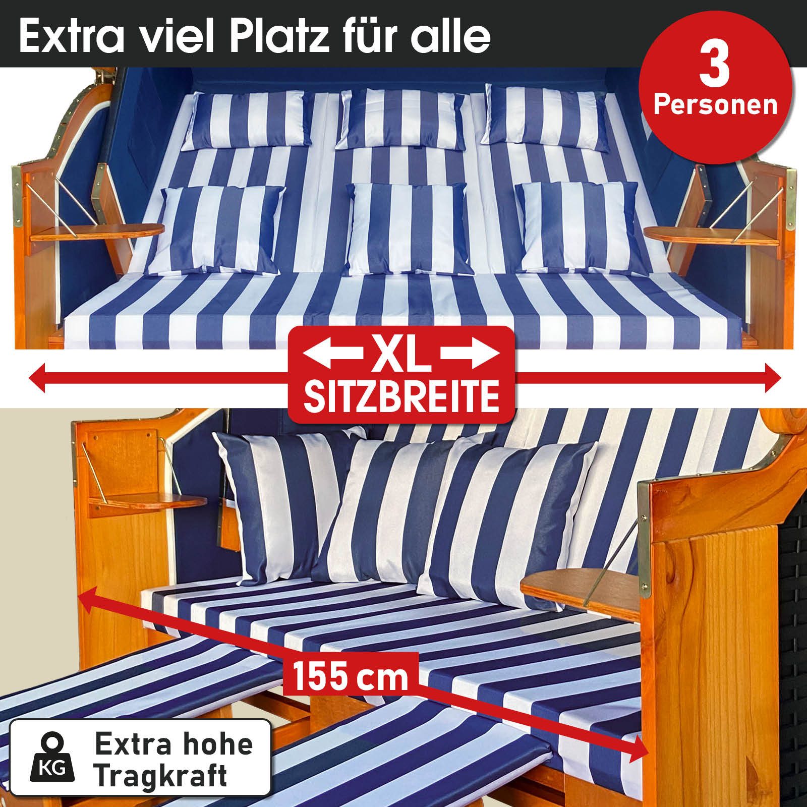 BRAST Strandkorb 3-Sitzer XL für 2-3 Personen, 155cm breit, 2 Designs, BxTxH: 155x78x160 cm, Volllieger, Ostsee, (verstellbare Rückenlehne), Tragkraft bis zu 500kg