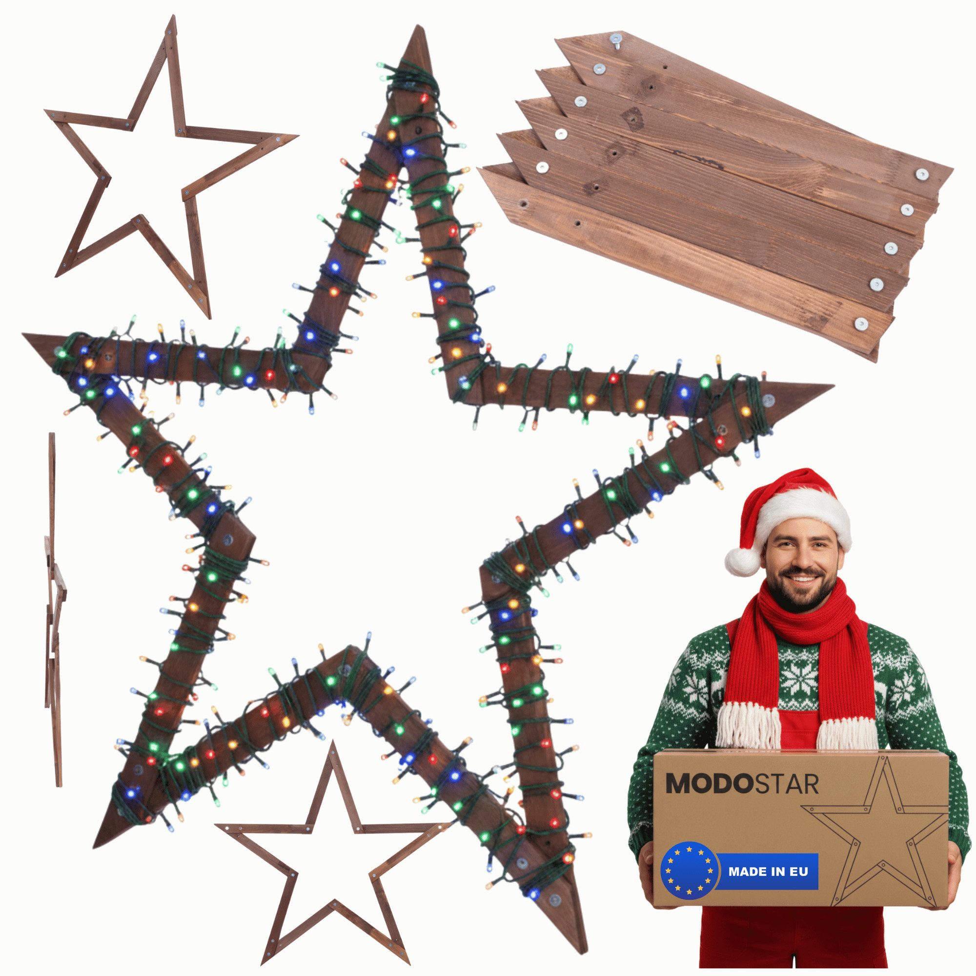 Modo24 Dekostern DIY MODOSTAR Weihnachtsstern Set aus FSC Holz 2D und 3D in 3 Breiten, zum Garten & Terrasse, wetterfest, faltbar & stabil, Weihnachtsdeko