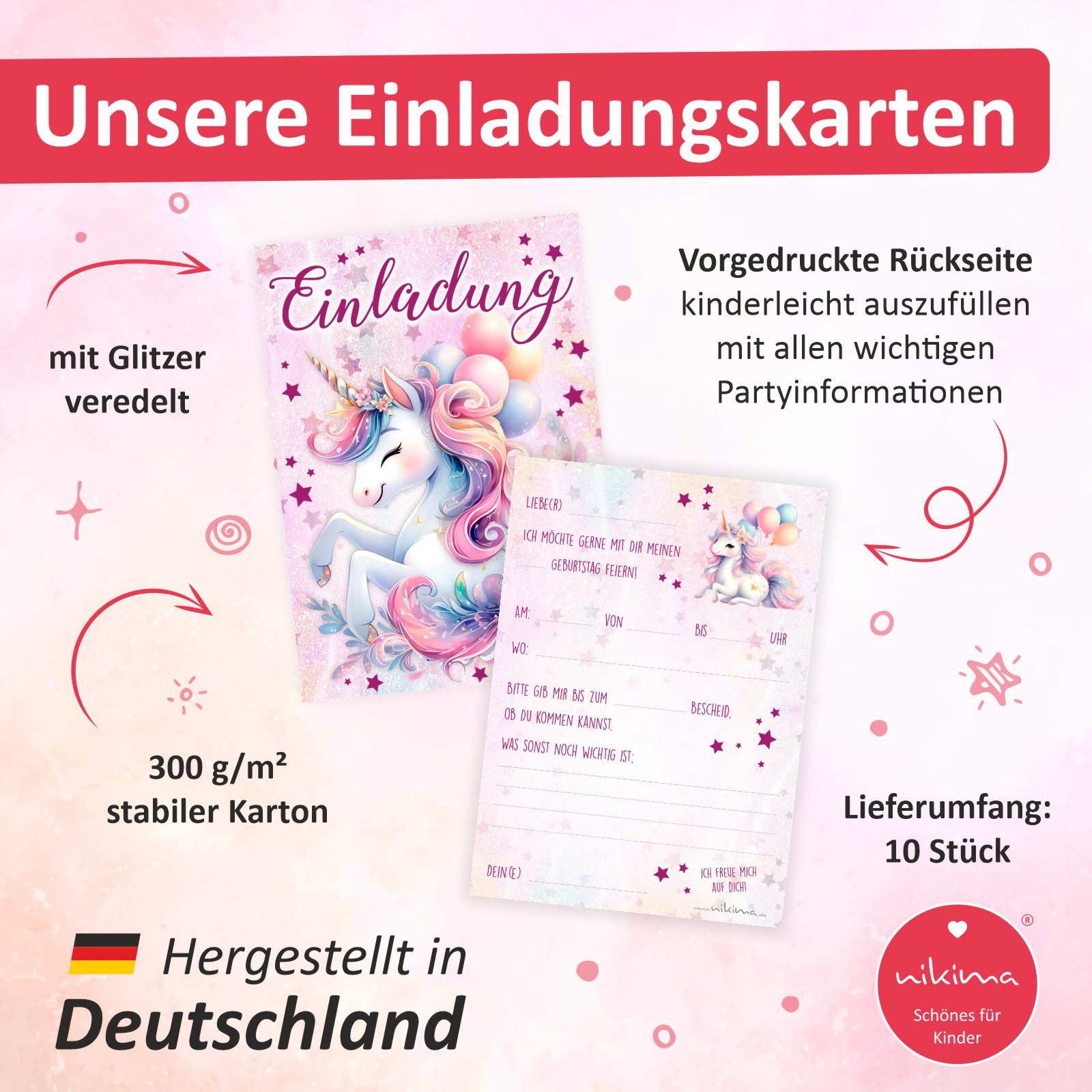 nikima Einladungskarten 10 Einladungskarten Einhorn mit Glitzer für Kindergeburtstag