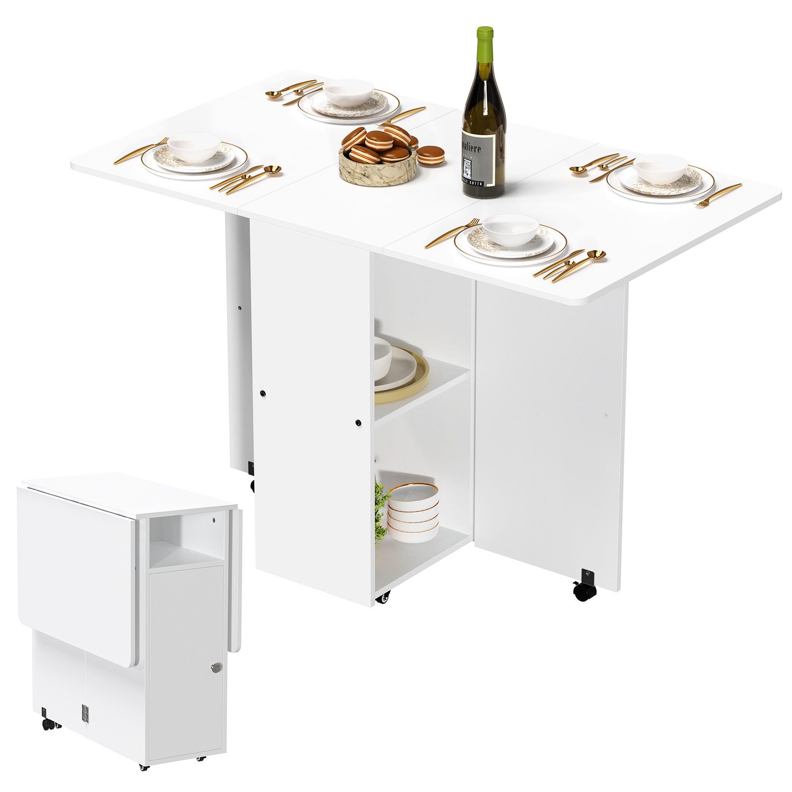 JEOBEST Klapptisch Mobiler Klapptisch, Klappbarer Esstisch mit Offenen Ablagen, Küchentisch Ausziehbar für Kleine Räume 120 x 70 x 78cm
