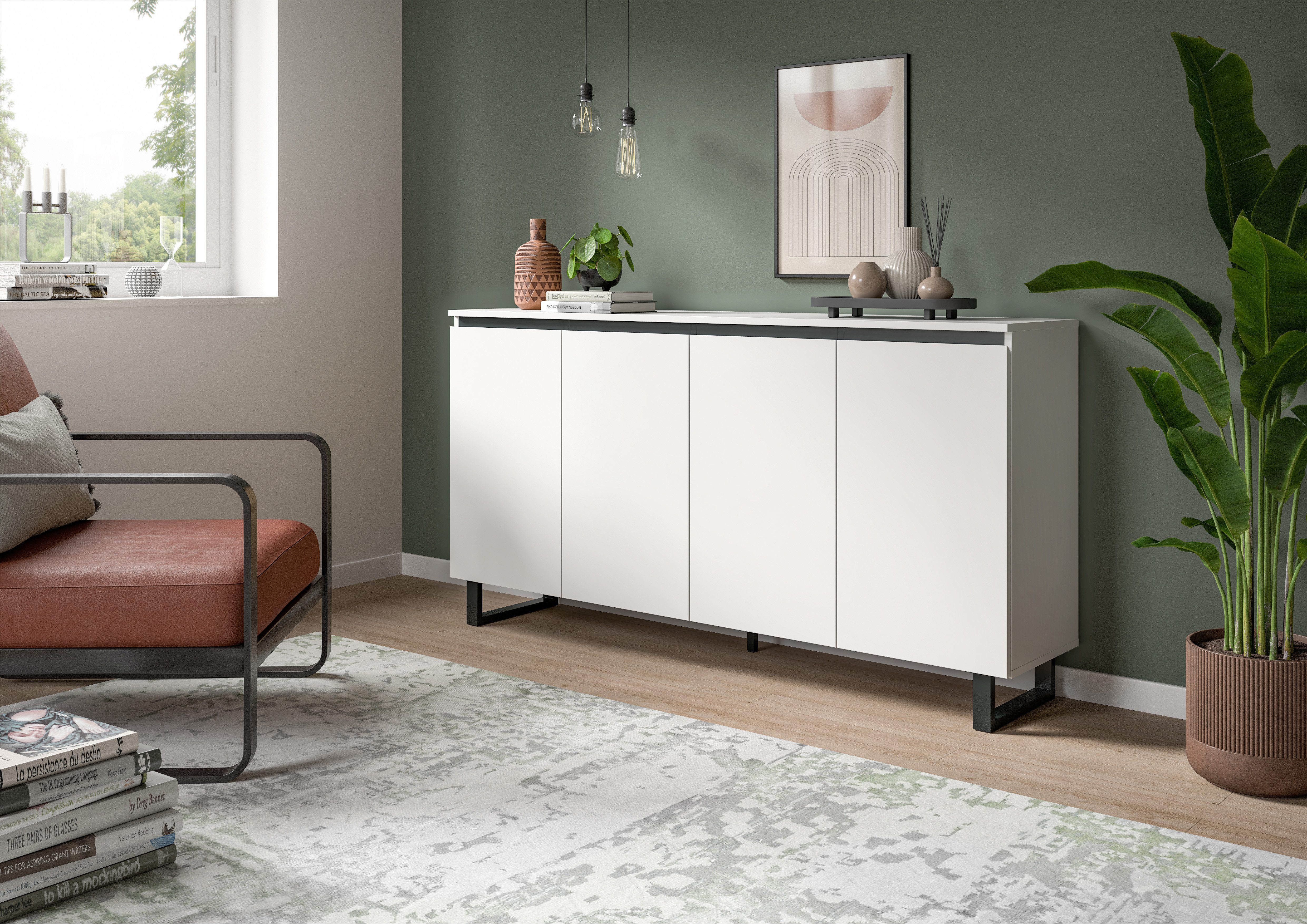 furnling Sideboard Tomea (1 St), 4 Türen, 8 Fächer, Kommode, schwarze Schattenfuge, Breite 160 cm, weiß