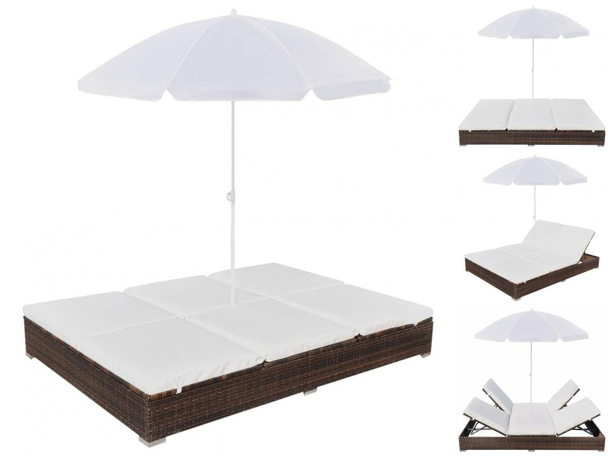 vidaXL Wellnessliege Outdoor-Loungebett mit Sonnenschirm Polyrattan Braun Gartenliege Sonne
