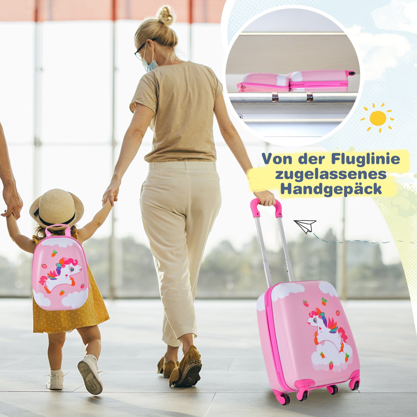 Kindertrolley COSTWAY Rucksack, mit Kinderkoffer rosa Einhorn 12"+16"